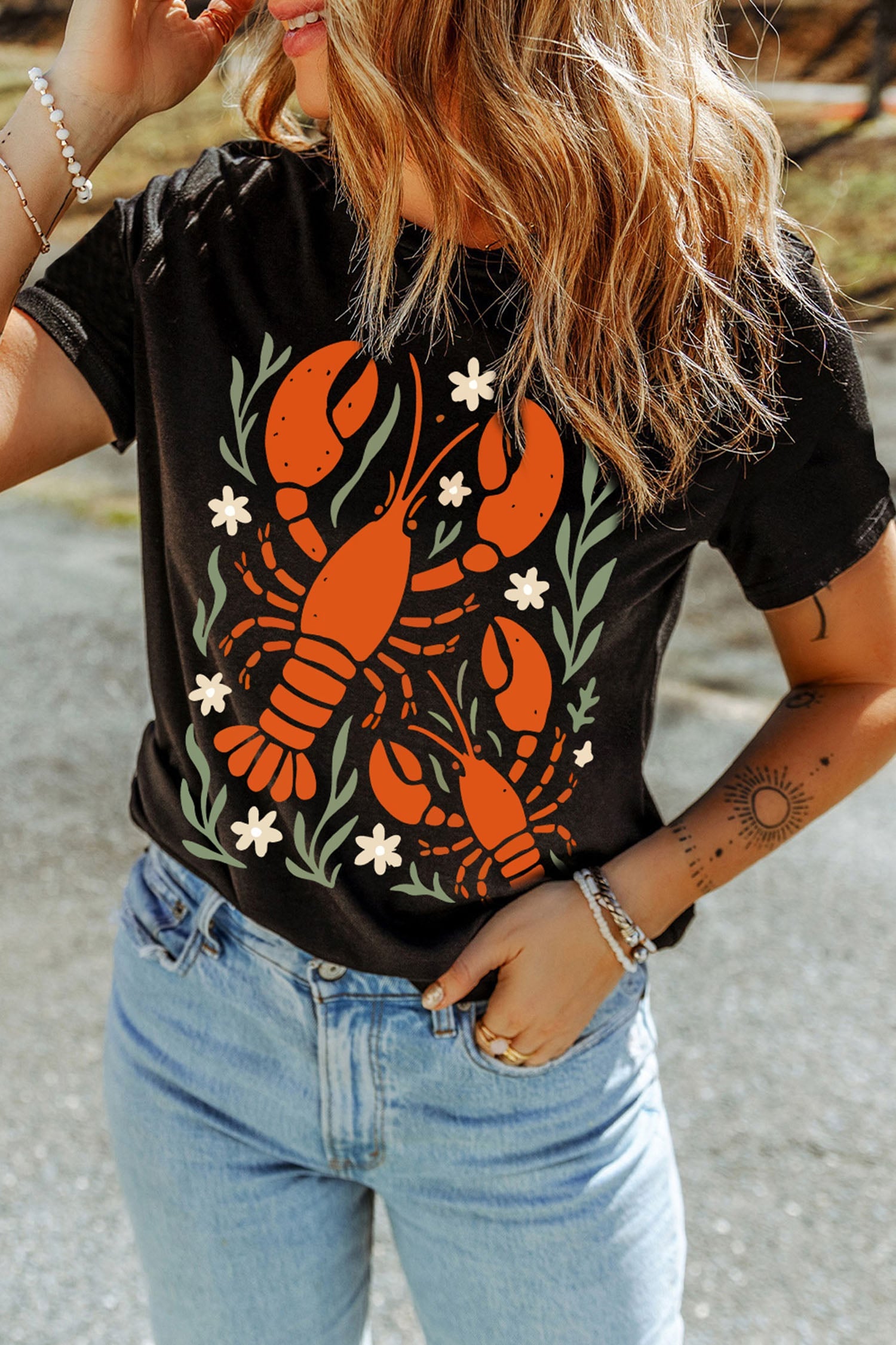 Black Western Lobster Print Loose Summer Tee