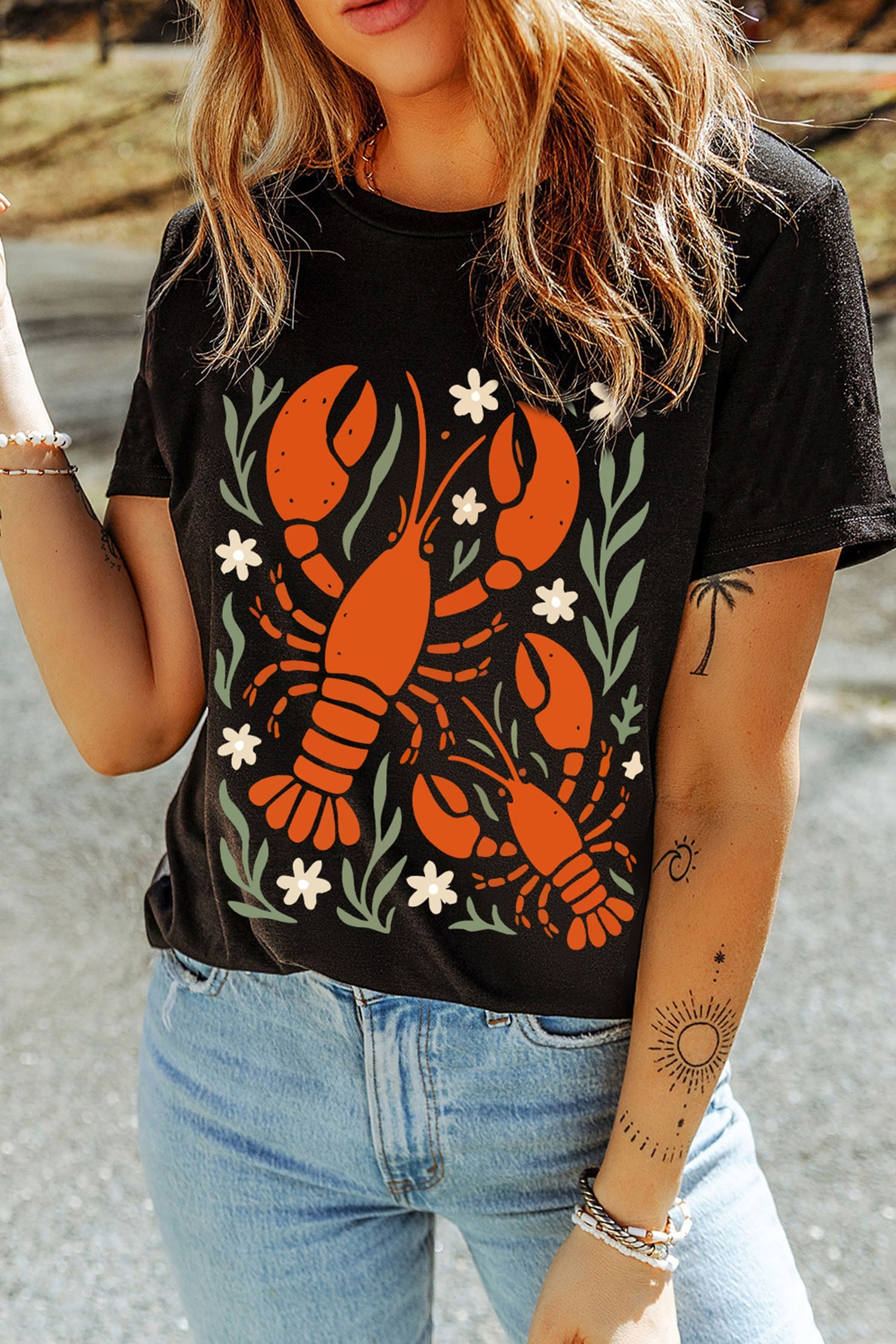 Black Western Lobster Print Loose Summer Tee