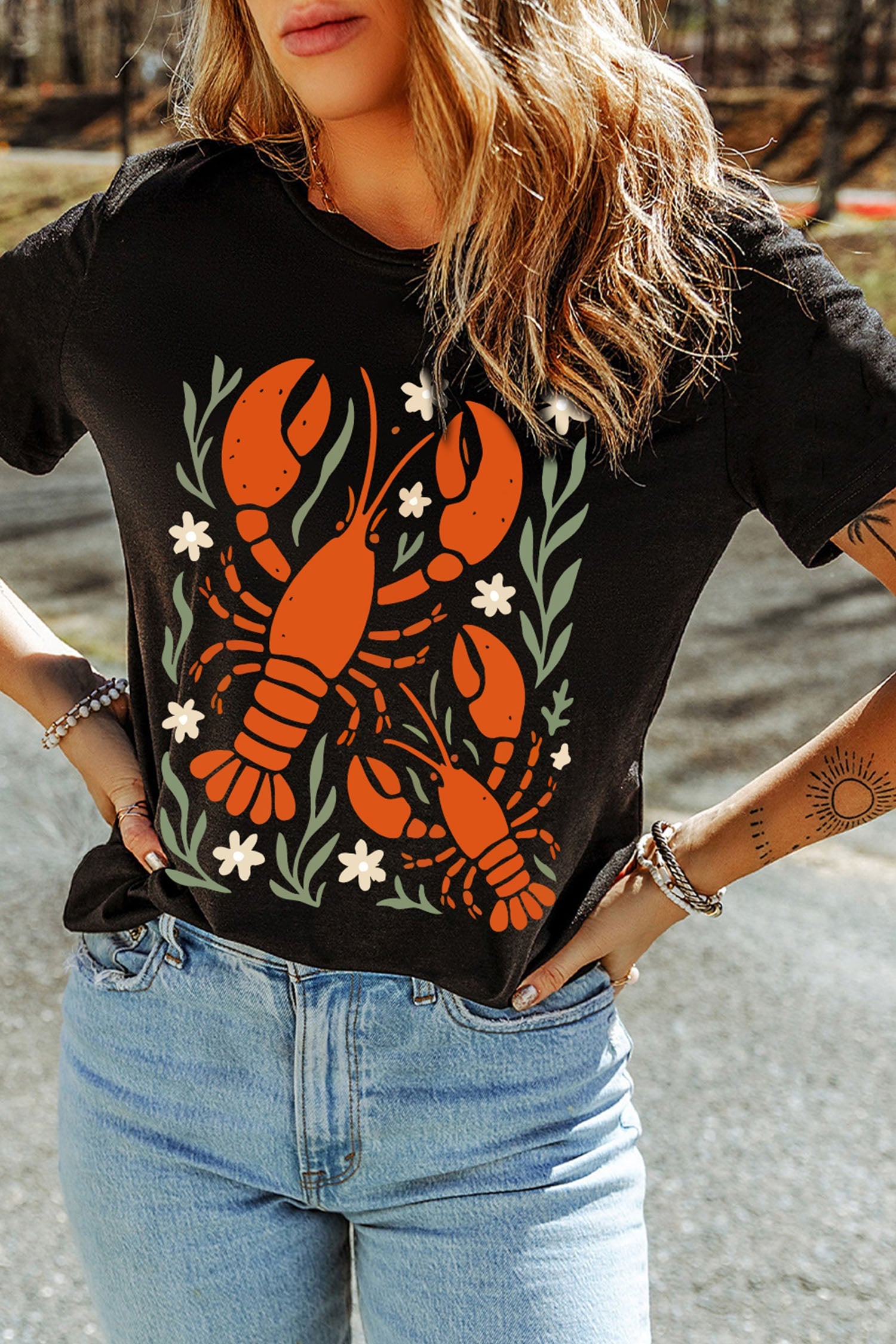 Black Western Lobster Print Loose Summer Tee