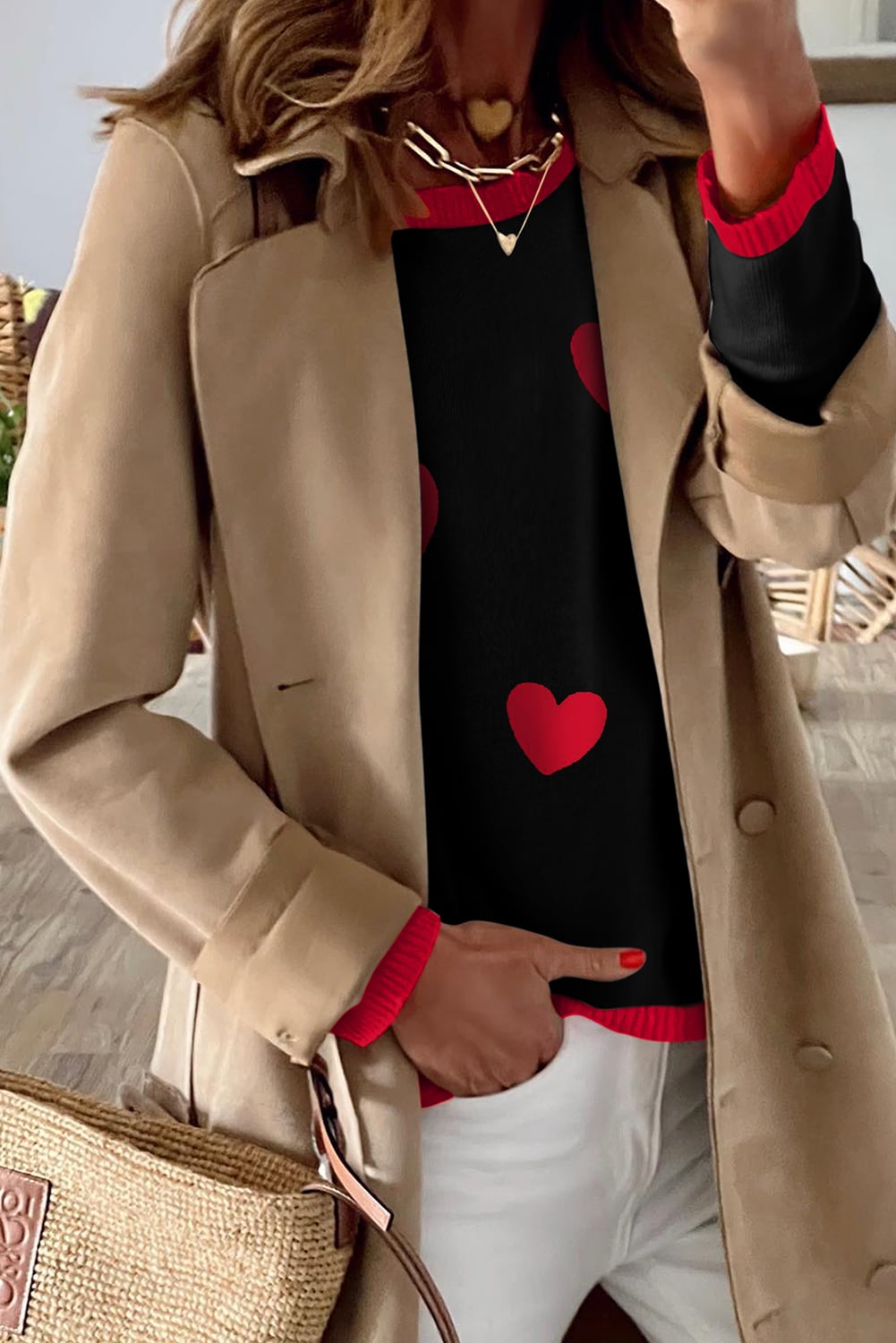 Black white Heart Print Contrast Trim Drop Shoulder Sweater