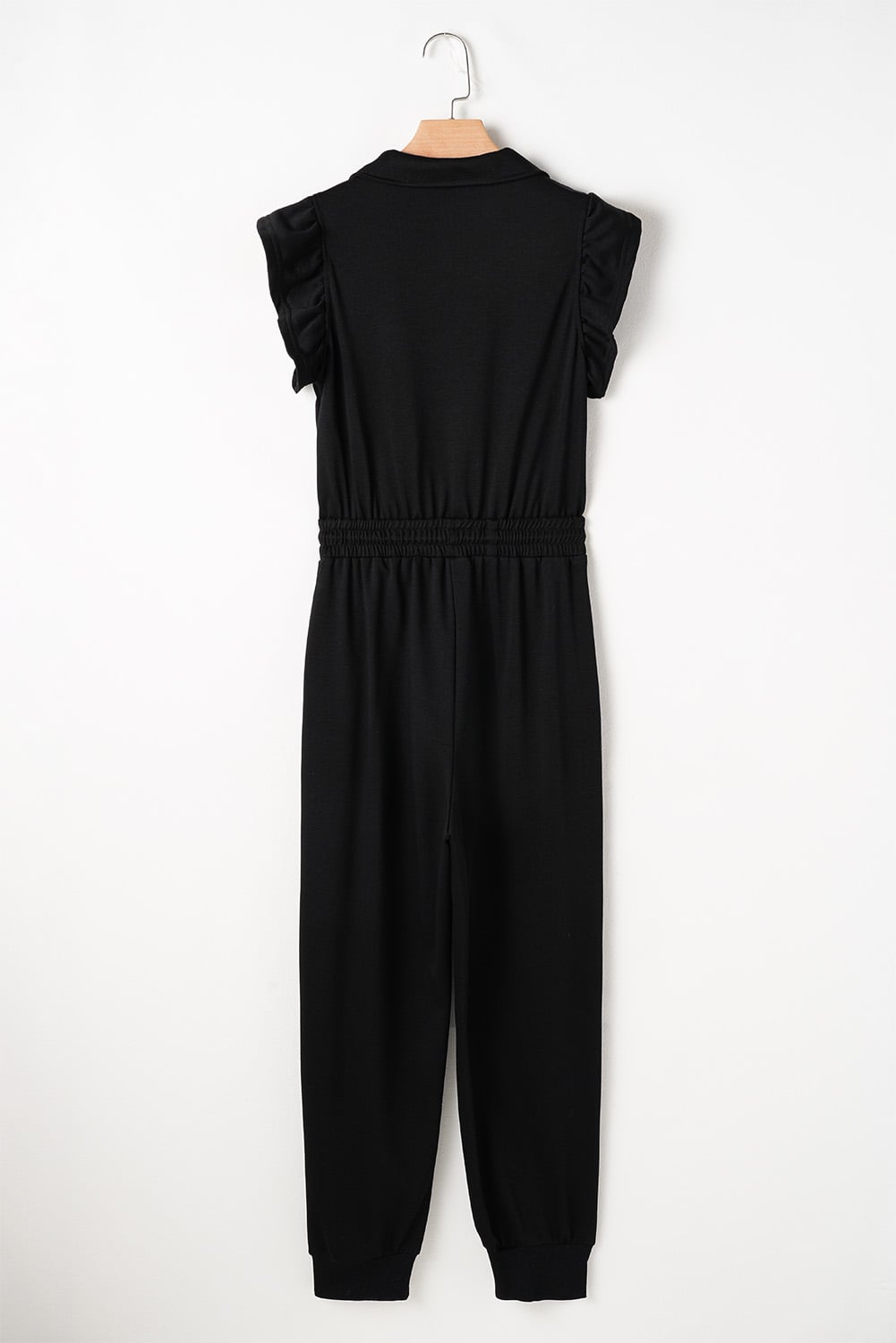 Black Zipper Flutter Sleeve Drawstring Elastic Waistband Jumpsuit