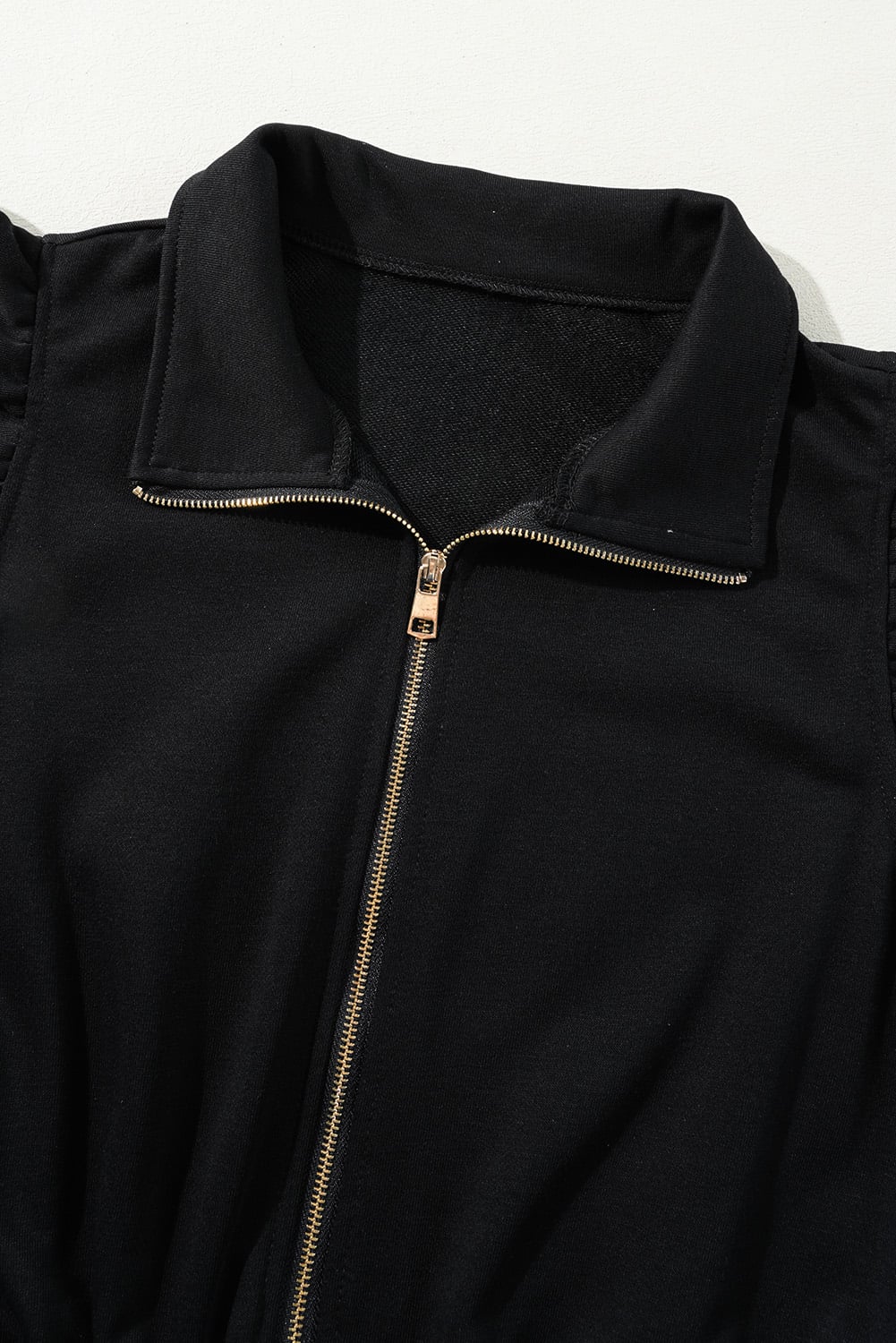 Black Zipper Flutter Sleeve Drawstring Elastic Waistband Jumpsuit