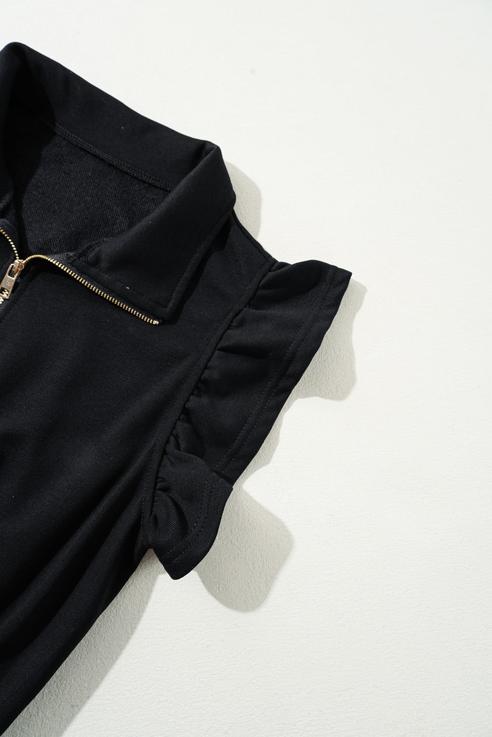 Black Zipper Flutter Sleeve Drawstring Elastic Waistband Jumpsuit
