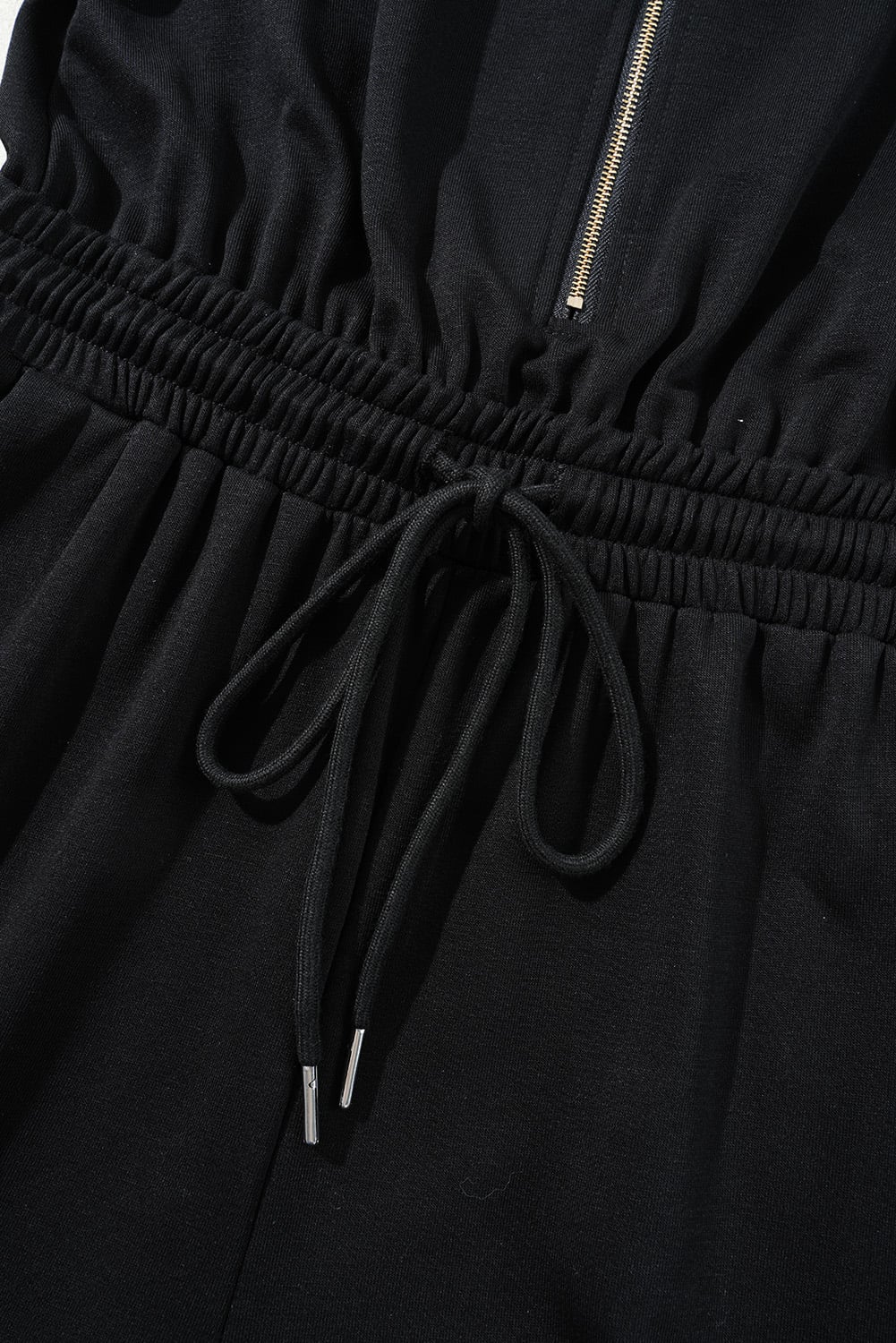 Black Zipper Flutter Sleeve Drawstring Elastic Waistband Jumpsuit