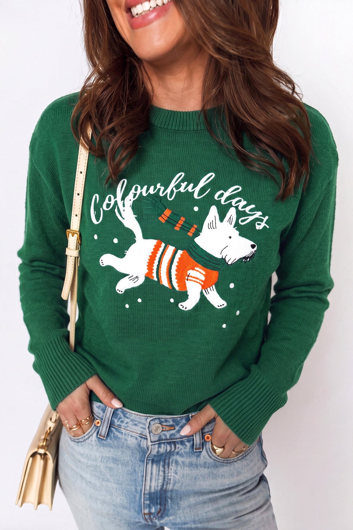 Blackish Green Abstract Dog Embroidery Christmas Fashion Round Neck Sweater