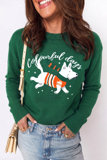 Blackish Green Abstract Dog Embroidery Christmas Fashion Round Neck Sweater
