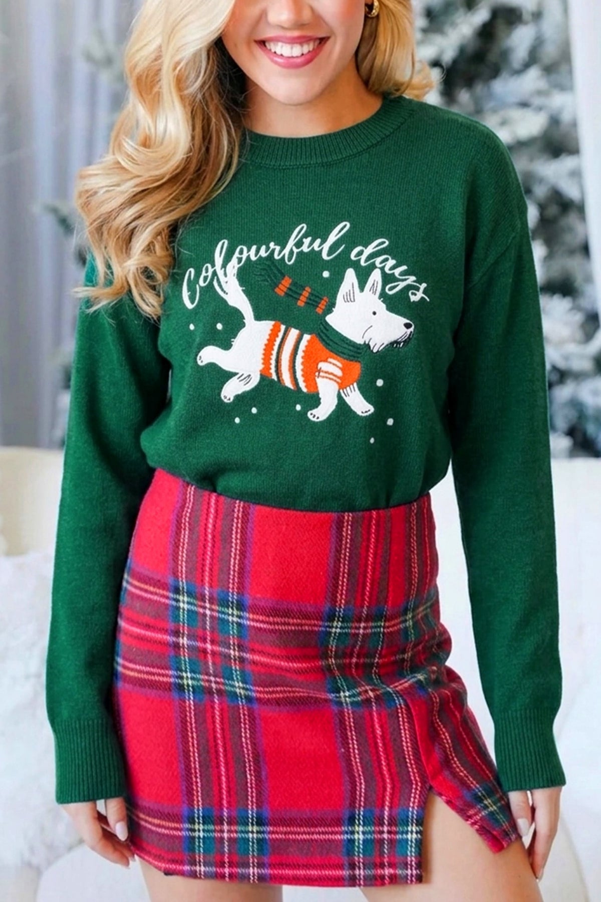 Blackish Green Abstract Dog Embroidery Christmas Fashion Round Neck Sweater