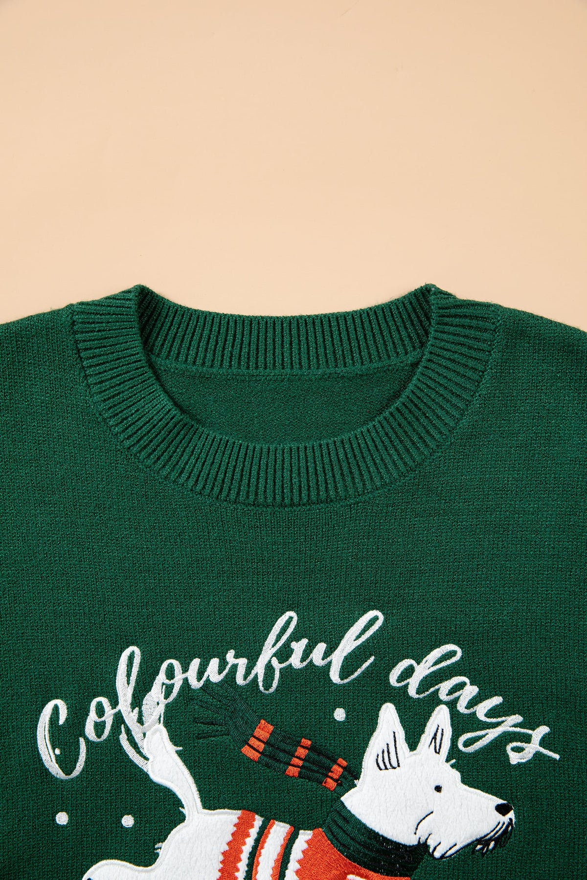 Blackish Green Abstract Dog Embroidery Christmas Fashion Round Neck Sweater