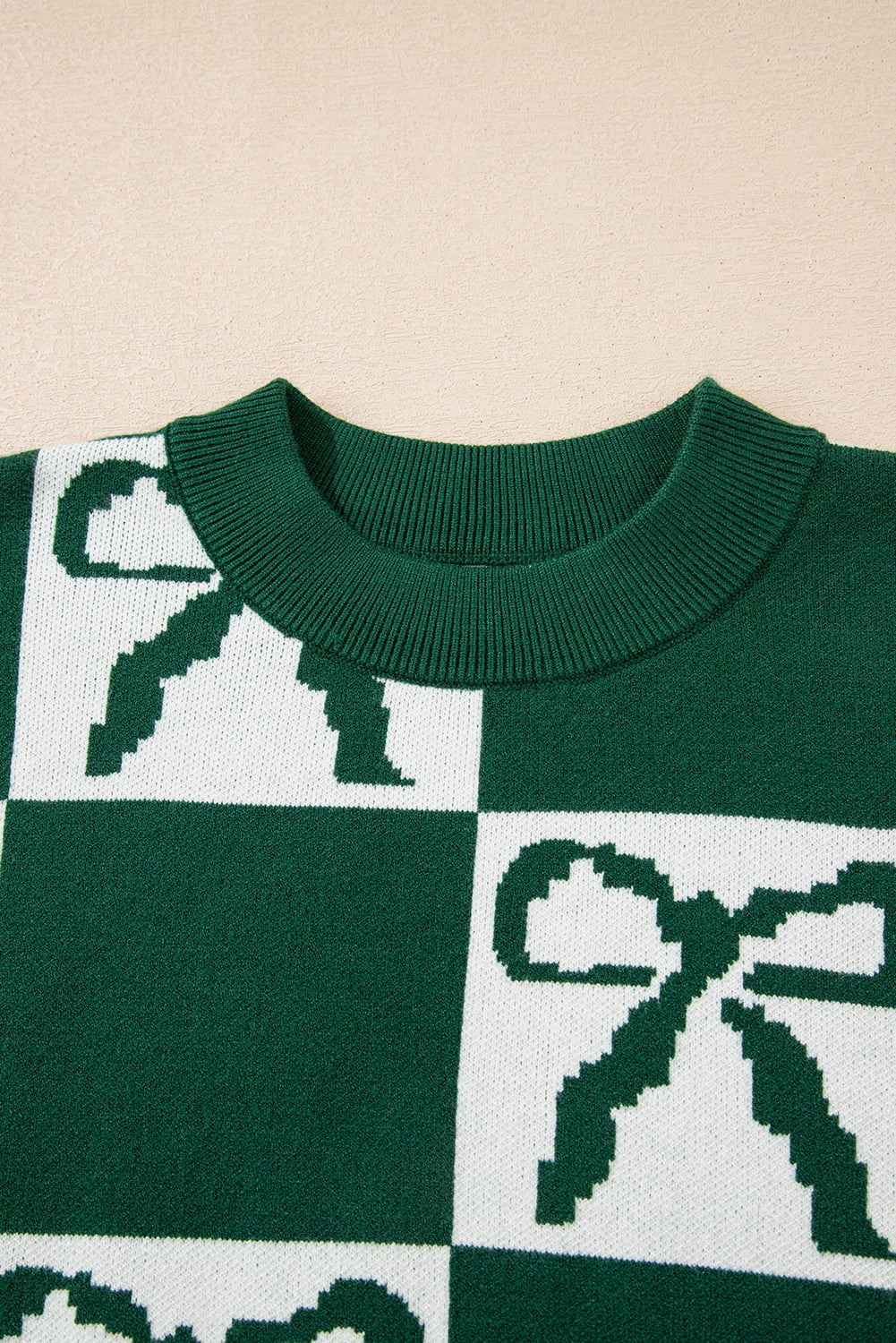 Blackish Green Checkered Bow Print Casual Sweater