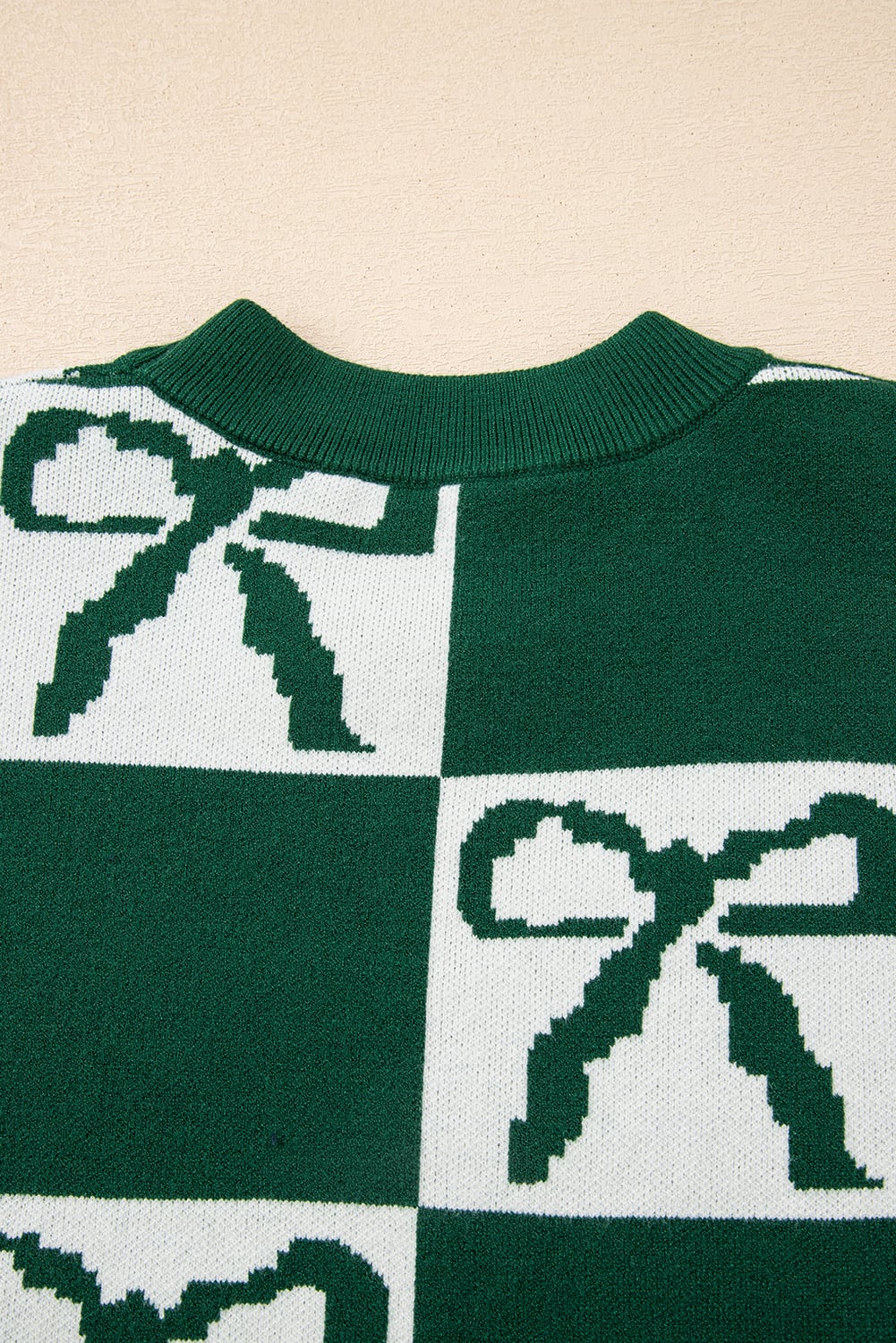 Blackish Green Checkered Bow Print Casual Sweater