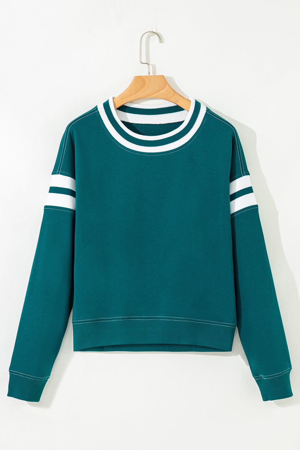 Blackish Green Contrast Striped Patchwork Round Neck Drop Shoulder Sweatshirt