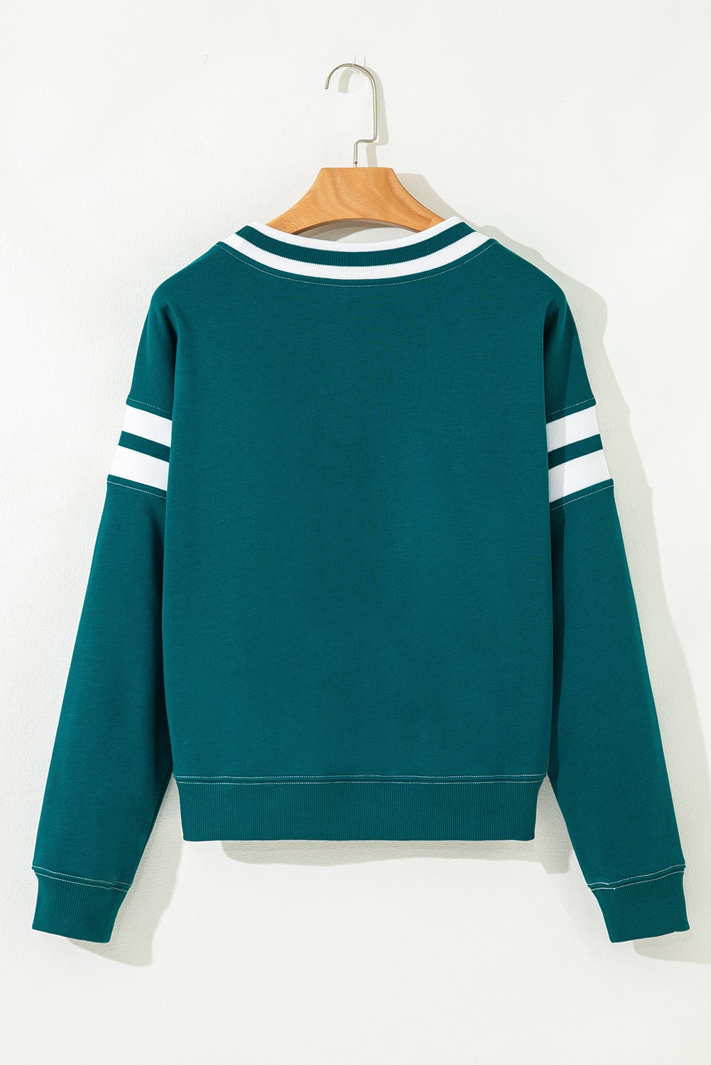 Blackish Green Contrast Striped Patchwork Round Neck Drop Shoulder Sweatshirt