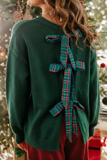 Blackish Green Plaid Bow Detail Drop Shoulder Christmas Sweater
