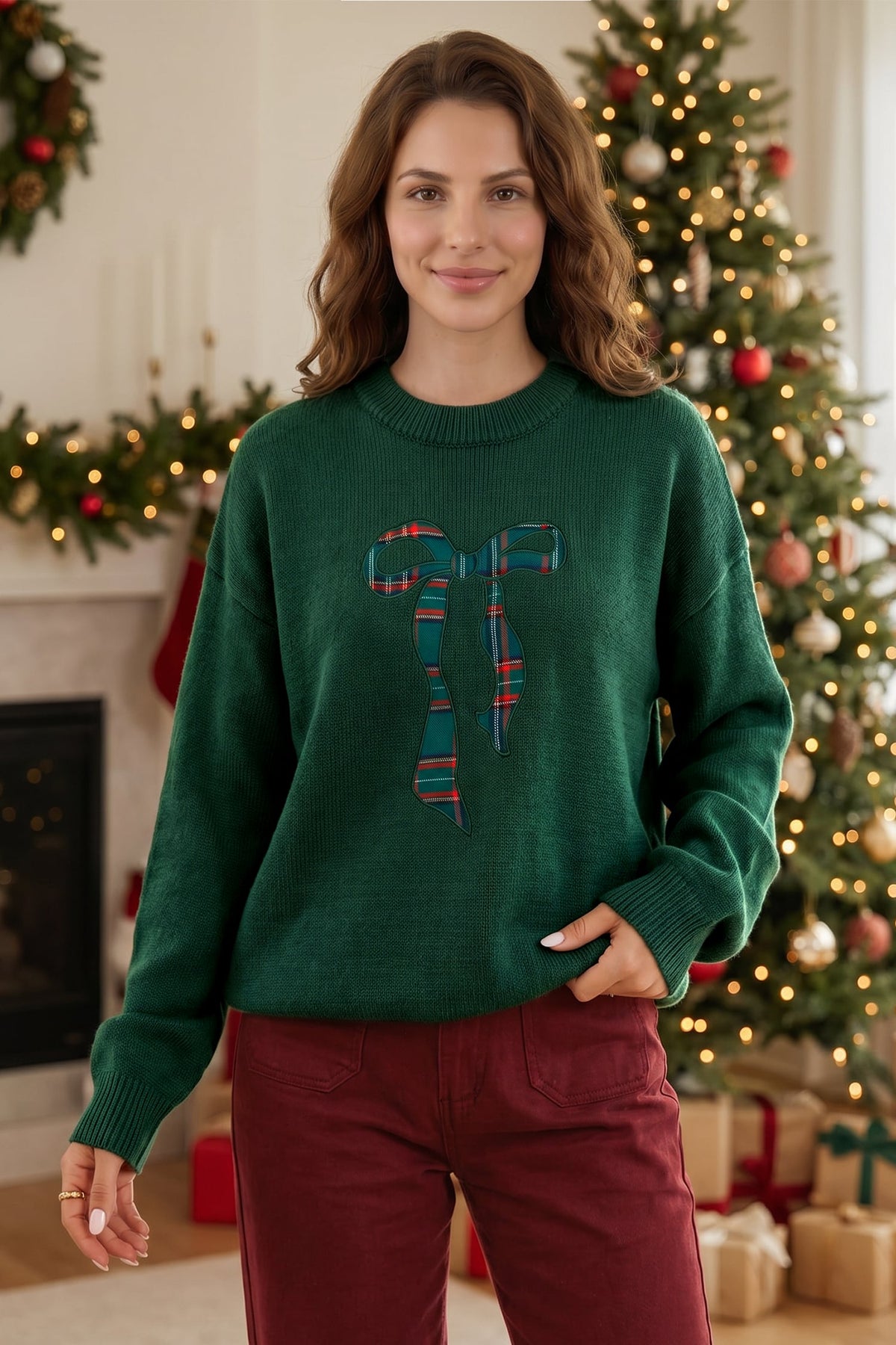 Blackish Green Plaid Bow Detail Drop Shoulder Christmas Sweater