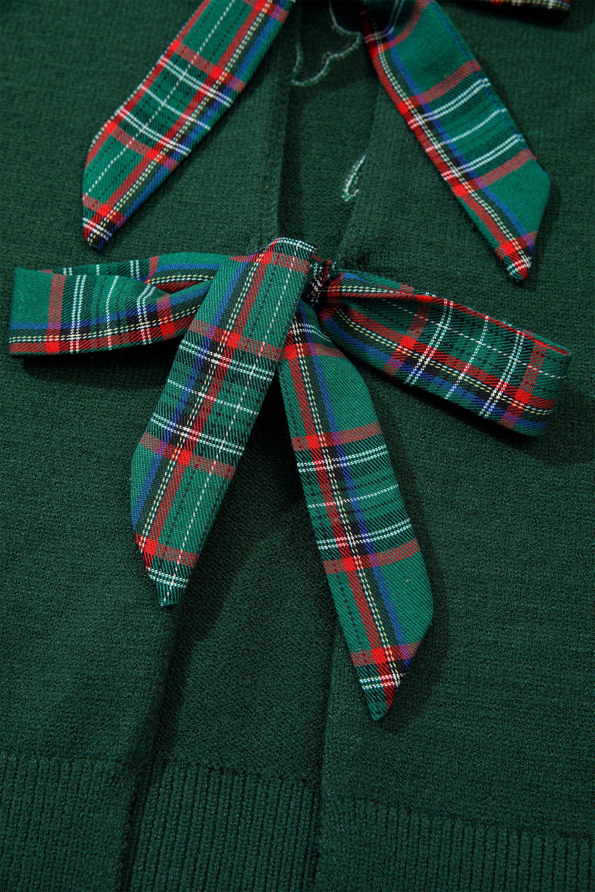 Blackish Green Plaid Bow Detail Drop Shoulder Christmas Sweater