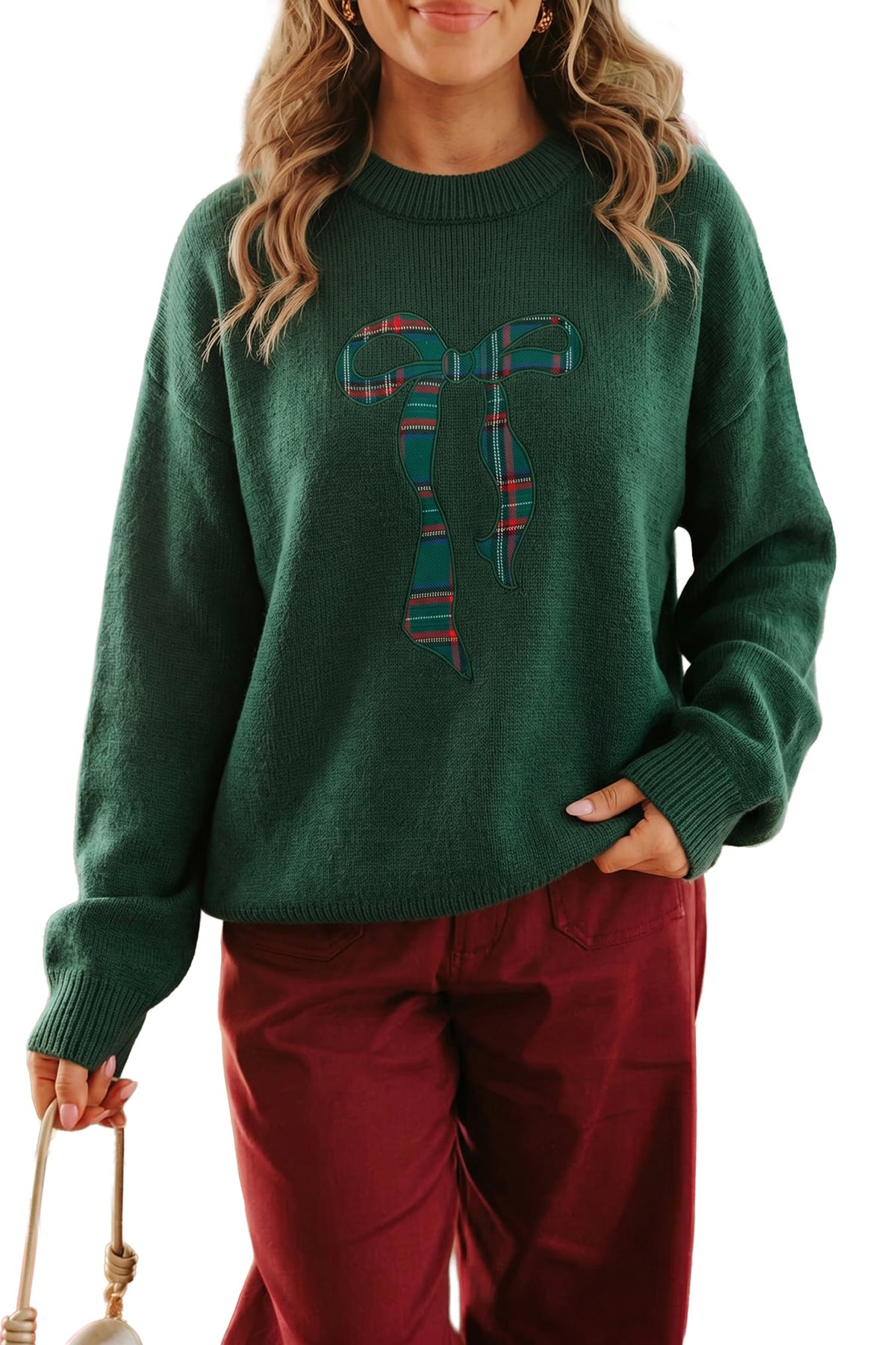 Blackish Green Plaid Bow Detail Drop Shoulder Christmas Sweater