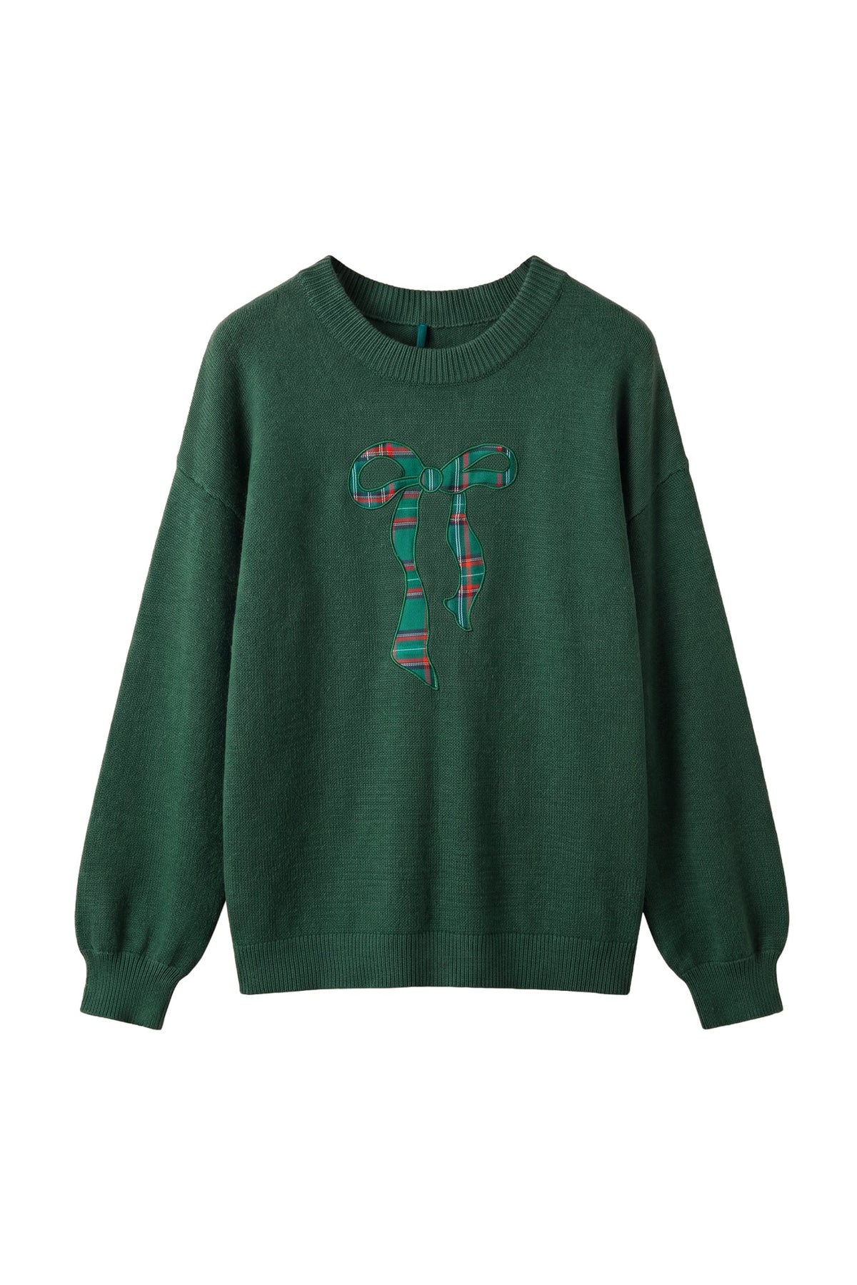 Blackish Green Plaid Bow Detail Drop Shoulder Christmas Sweater