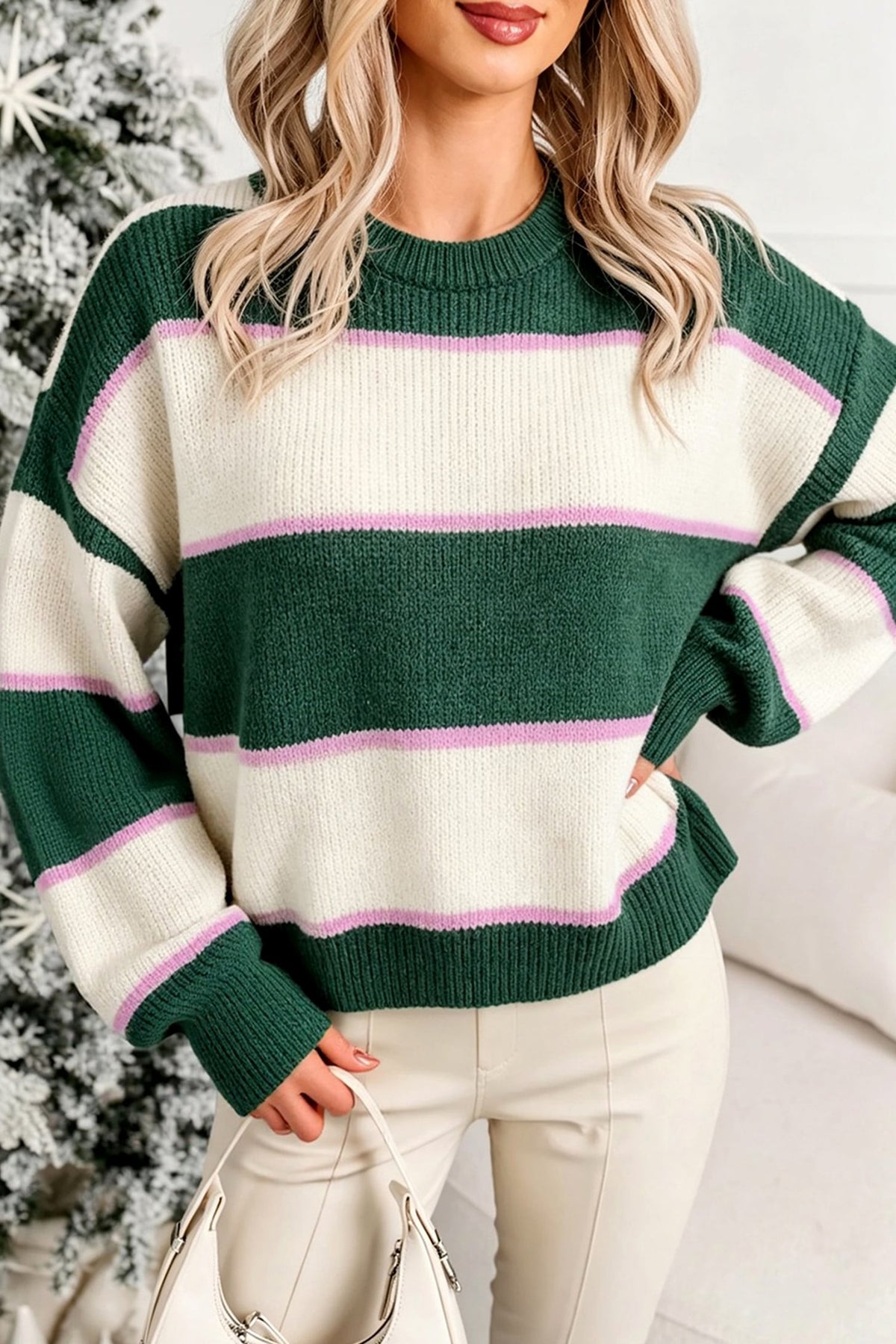 Blackish Green Striped Color Block Knit Dropped Shoulder Loose Pullover Sweater