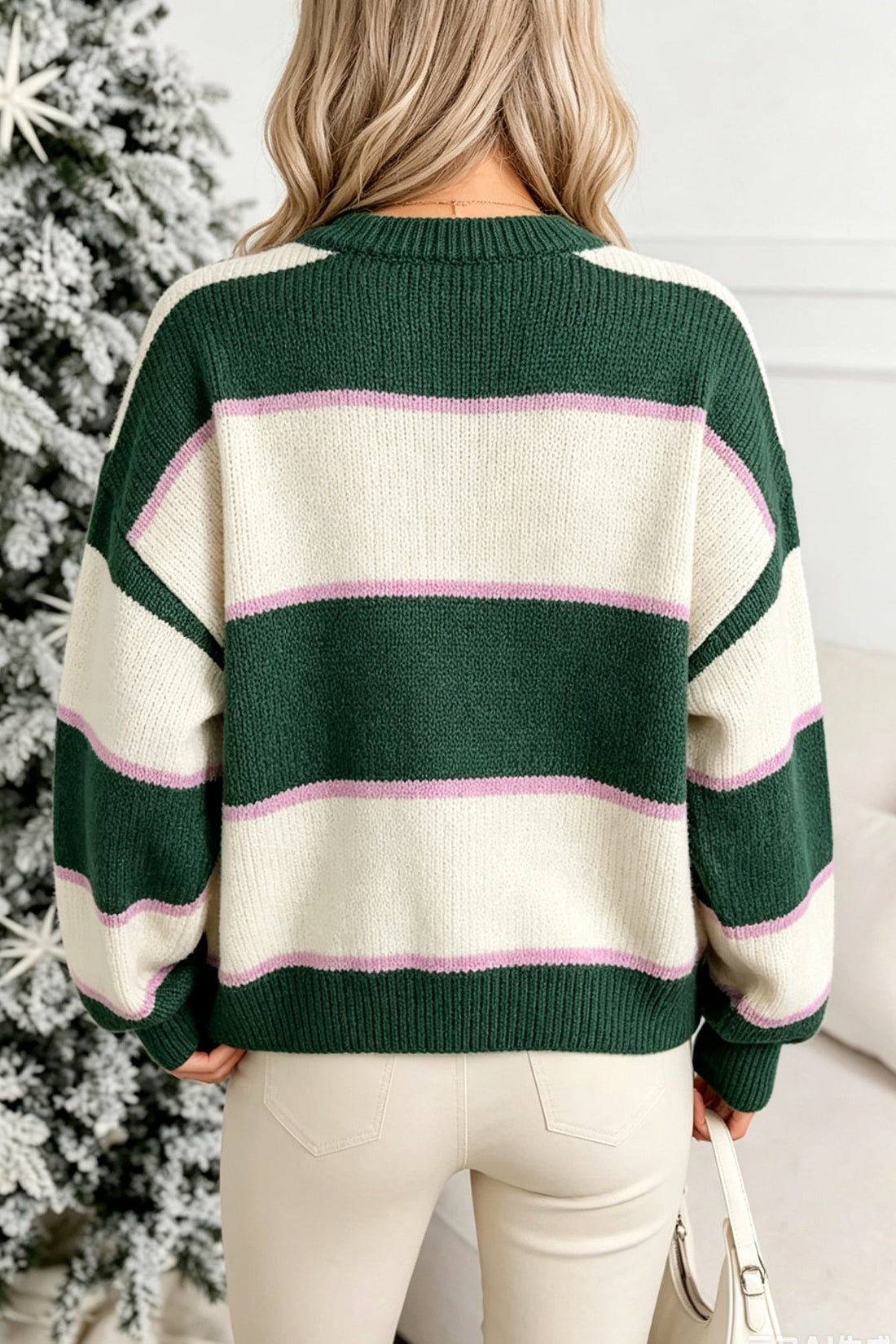 Blackish Green Striped Color Block Knit Dropped Shoulder Loose Pullover Sweater