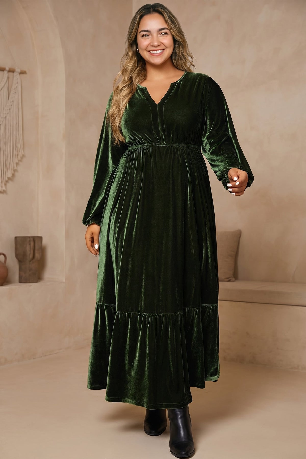 Blackish Green V Neck Long Sleeve Velvet Loose Fit Plus Size Dress