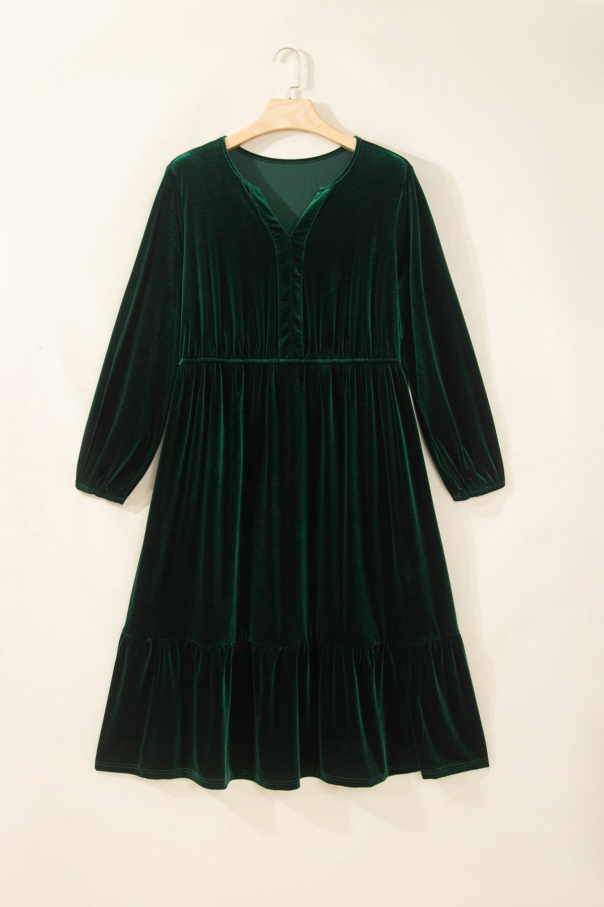 Blackish Green V Neck Long Sleeve Velvet Loose Fit Plus Size Dress