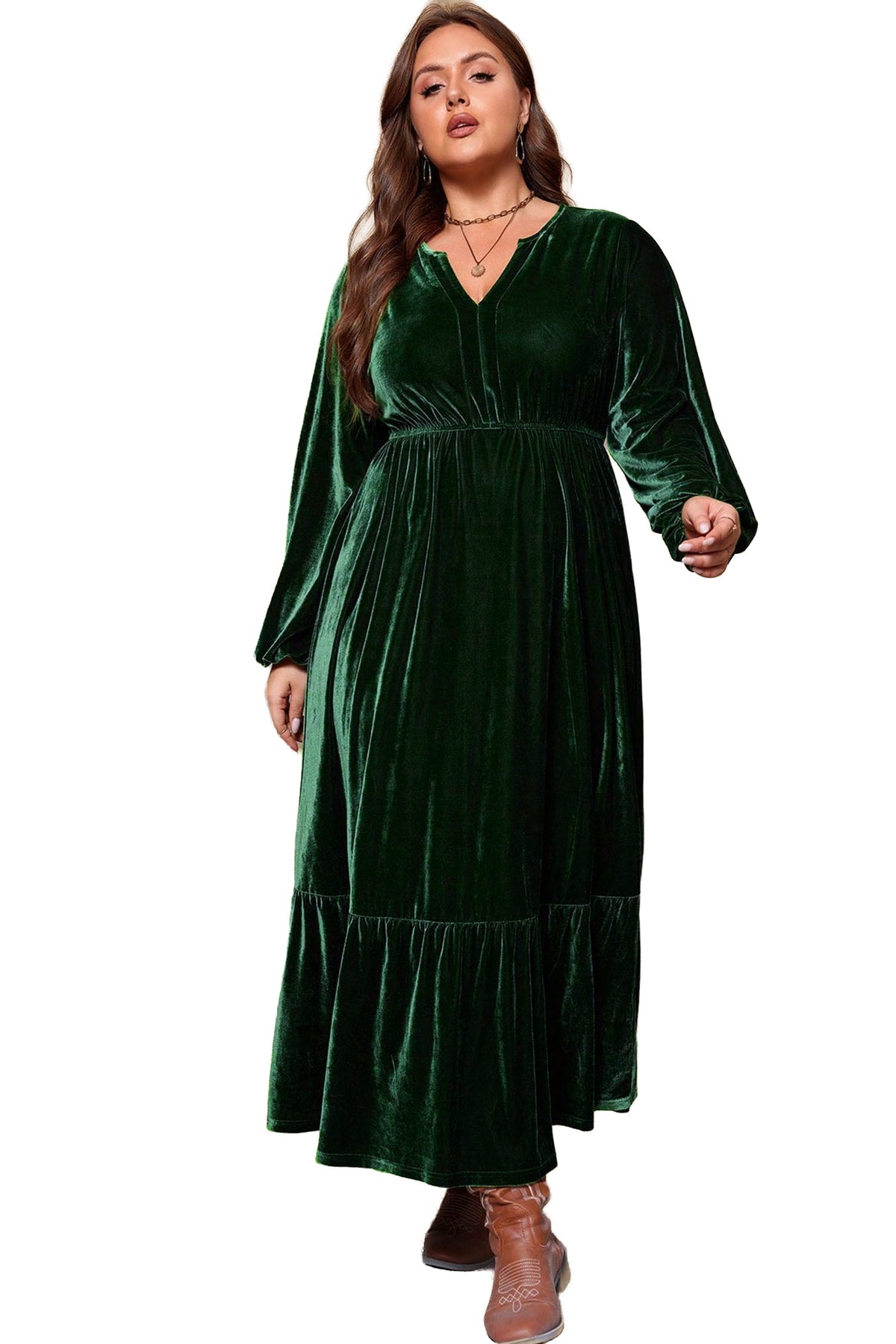 Blackish Green V Neck Long Sleeve Velvet Loose Fit Plus Size Dress
