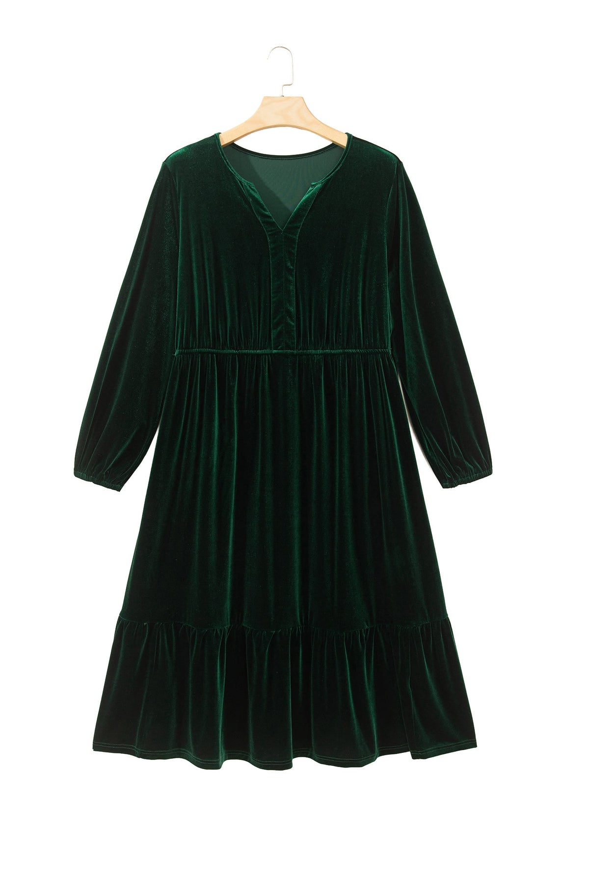 Blackish Green V Neck Long Sleeve Velvet Loose Fit Plus Size Dress