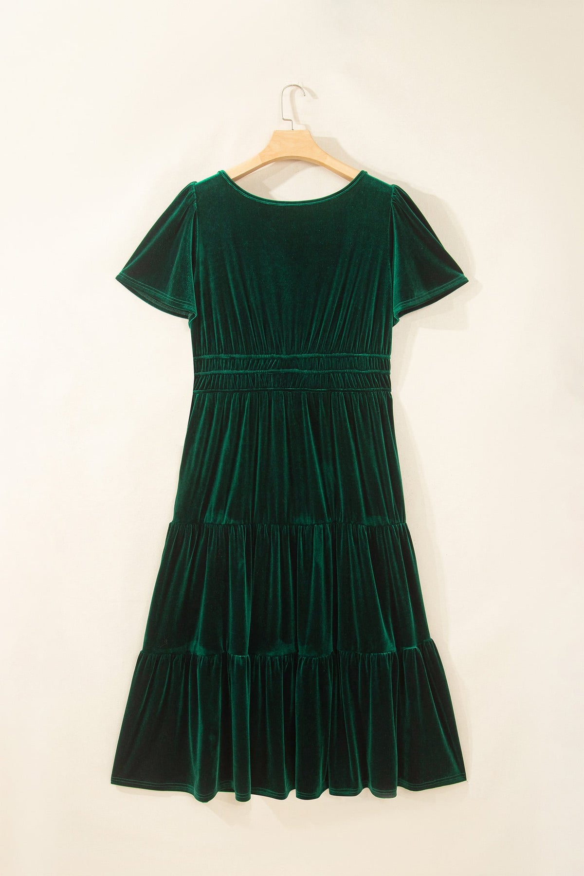 Blackish Green Velvet Short Sleeve Shirred Waist Tiered Plus Size Maxi Dress