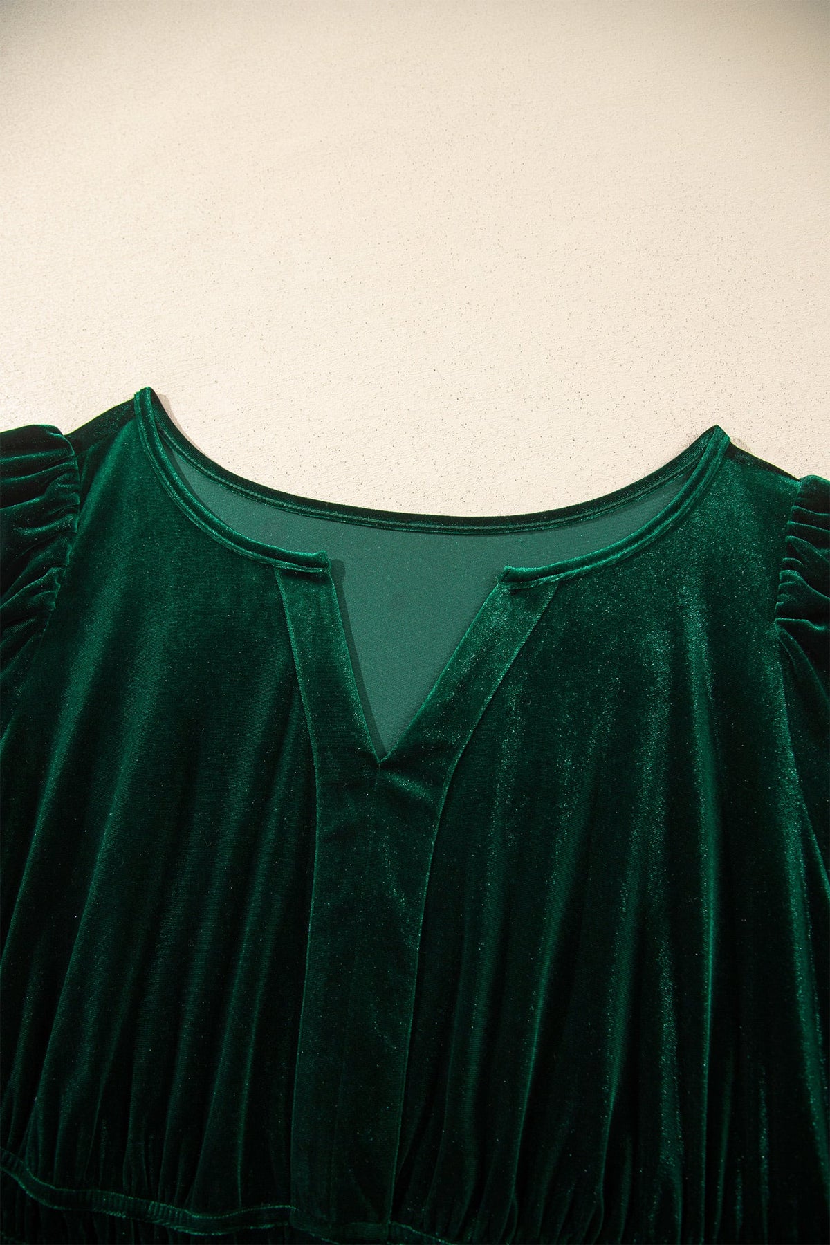 Blackish Green Velvet Short Sleeve Shirred Waist Tiered Plus Size Maxi Dress