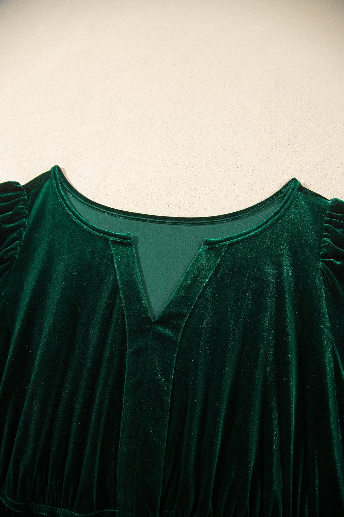 Blackish Green Velvet Short Sleeve Shirred Waist Tiered Plus Size Maxi Dress