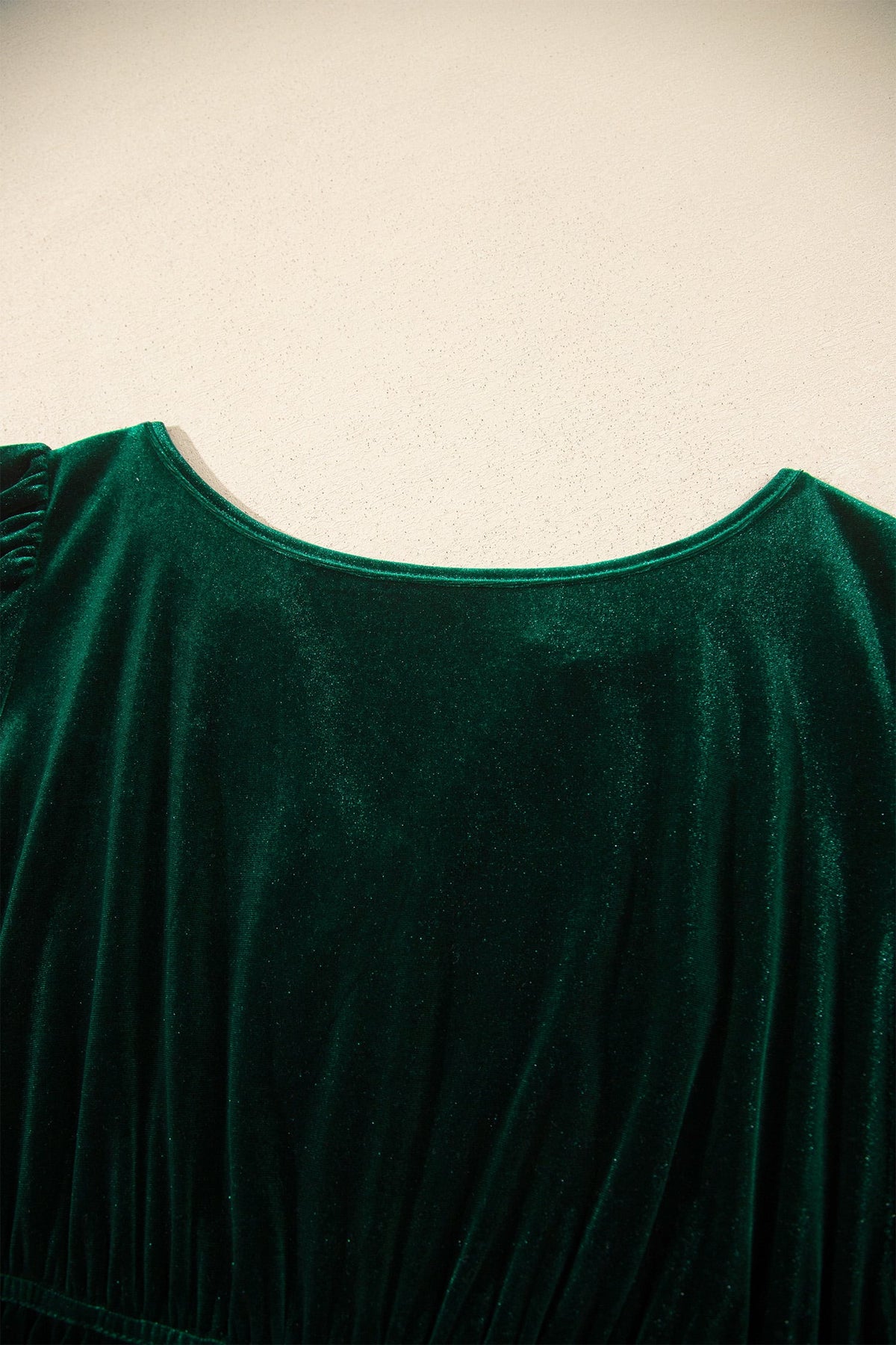 Blackish Green Velvet Short Sleeve Shirred Waist Tiered Plus Size Maxi Dress