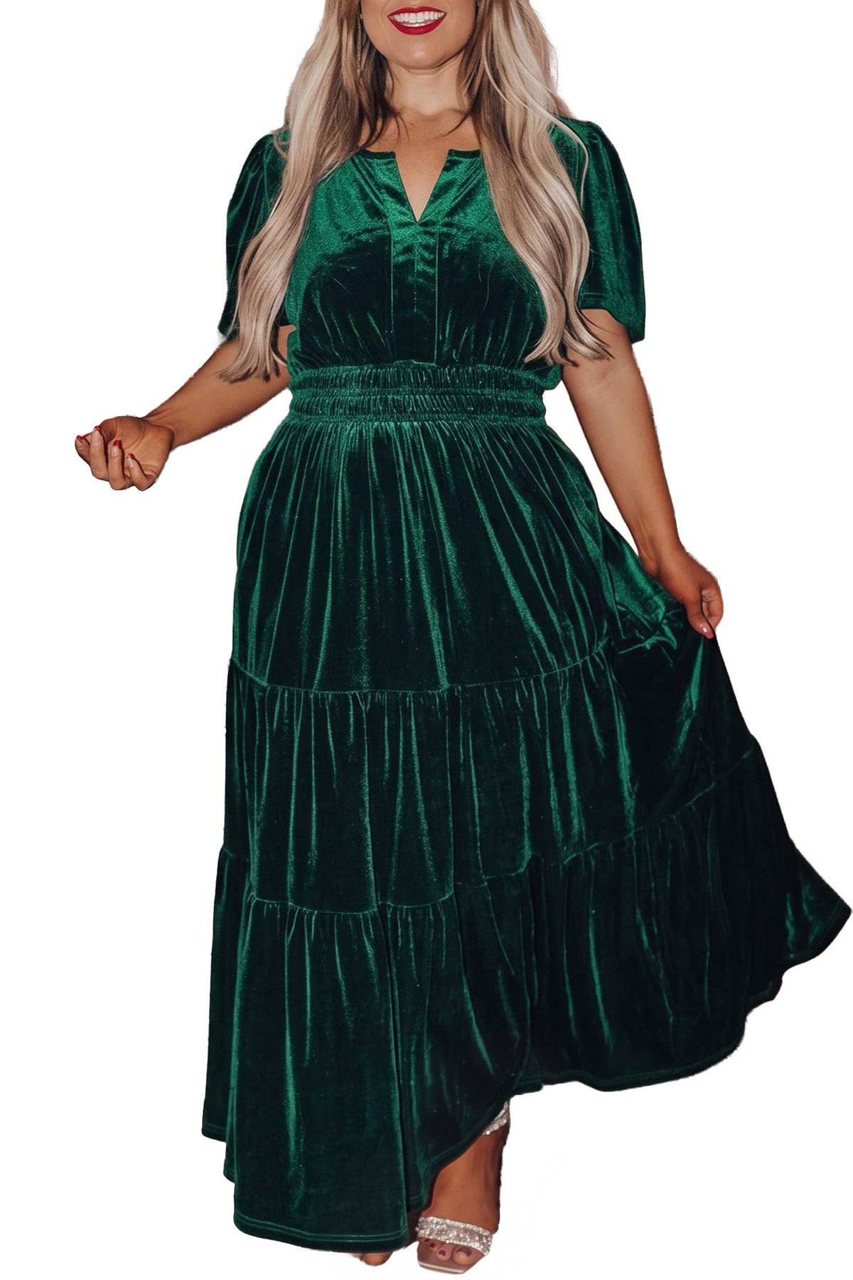 Blackish Green Velvet Short Sleeve Shirred Waist Tiered Plus Size Maxi Dress