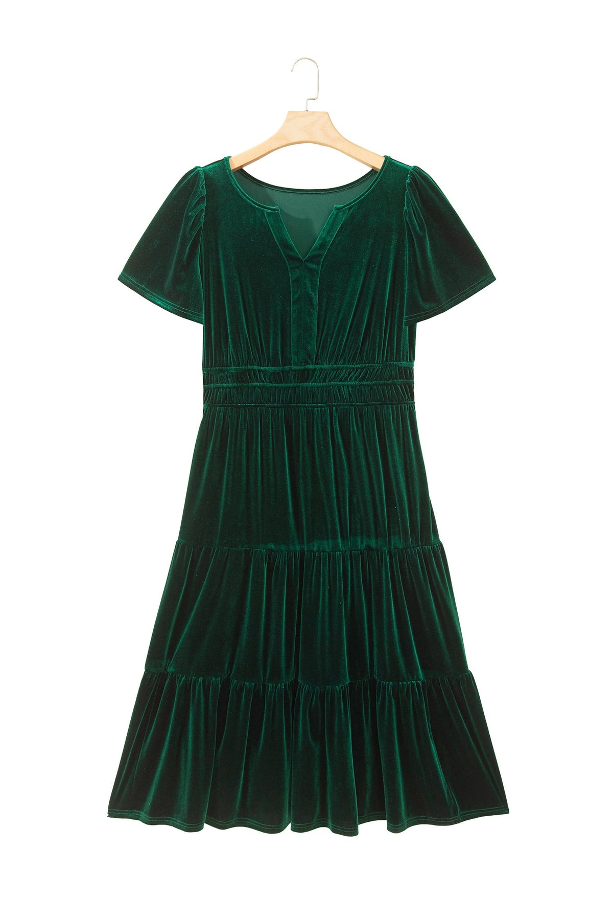 Blackish Green Velvet Short Sleeve Shirred Waist Tiered Plus Size Maxi Dress