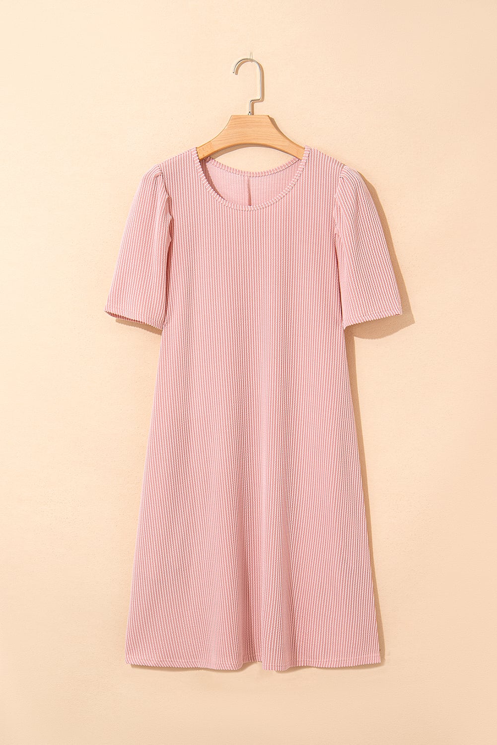Blossom Corded Knit Crew Neck Puff Sleeve Shift Mini Dress