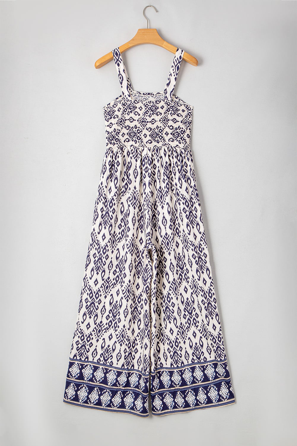 Blue Boho Geometric Print Shirred High Waist Wide Leg Jumpsuit