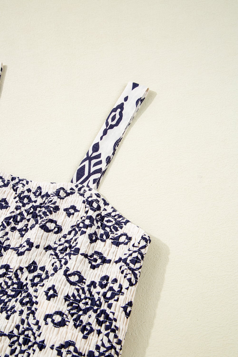 Blue Boho Geometric Print Shirred High Waist Wide Leg Jumpsuit