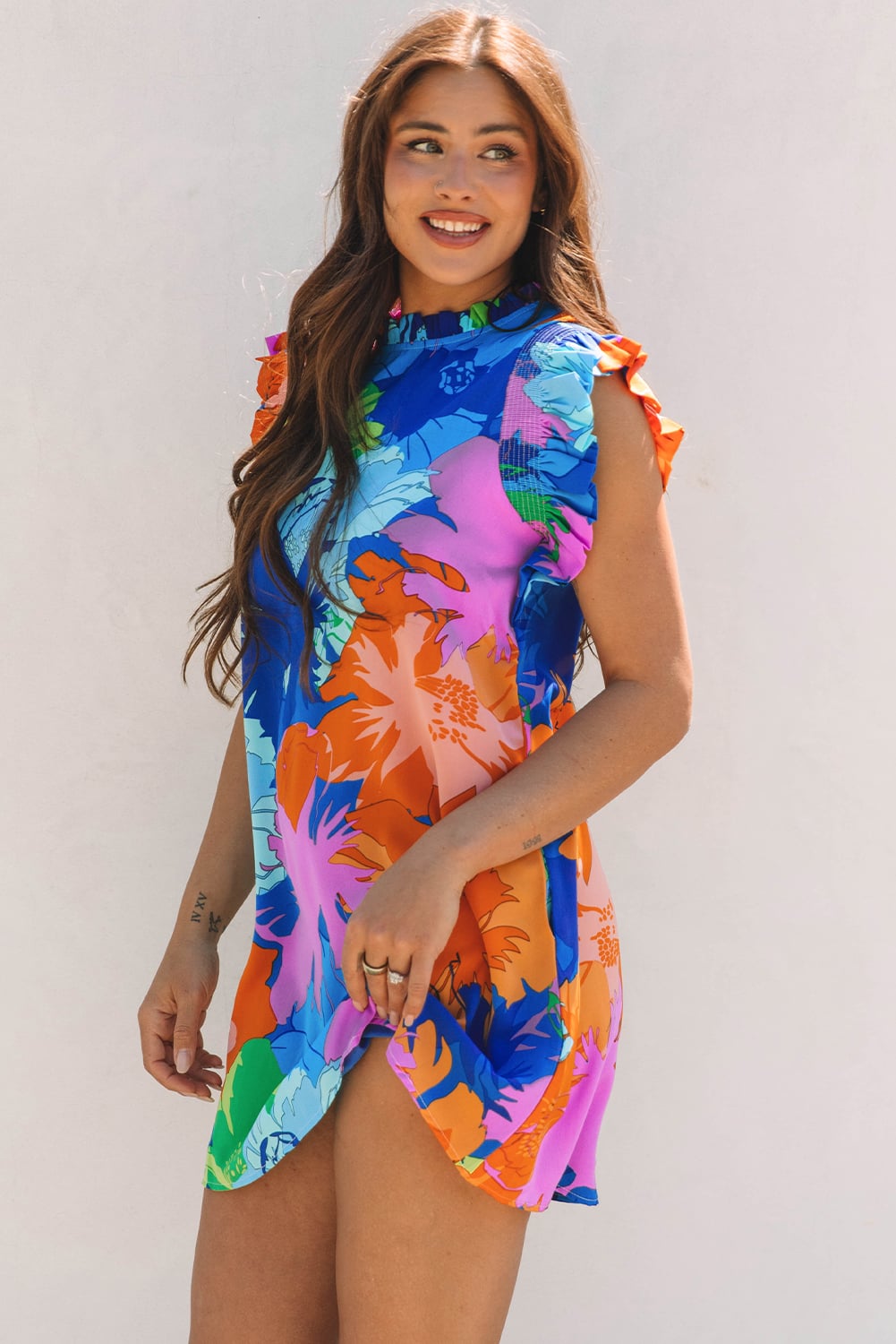 Blue Bold Floral Flutter Sleeve Shift Mini Dress with Pockets