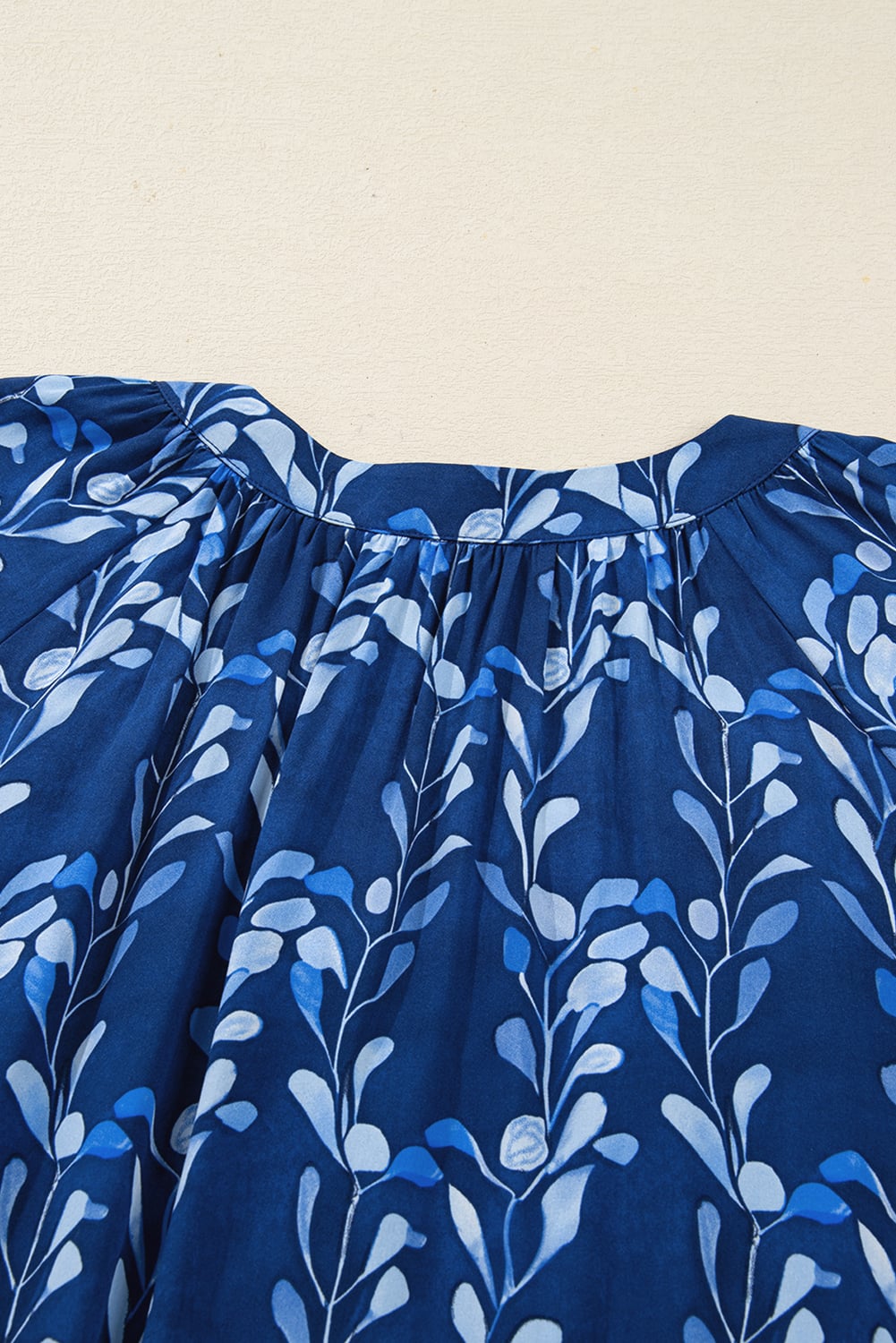 Blue Botanical Print Bracelet Sleeve Notched Neck Blouse