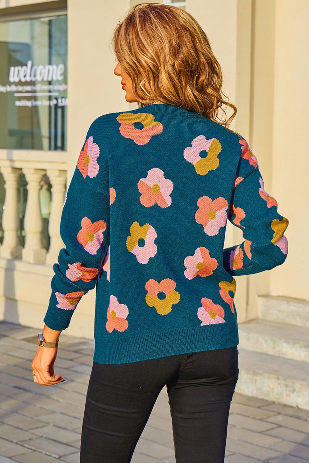 Blue Color Block Flower Cute Pattern Drop Shoulder Bulk Sweater
