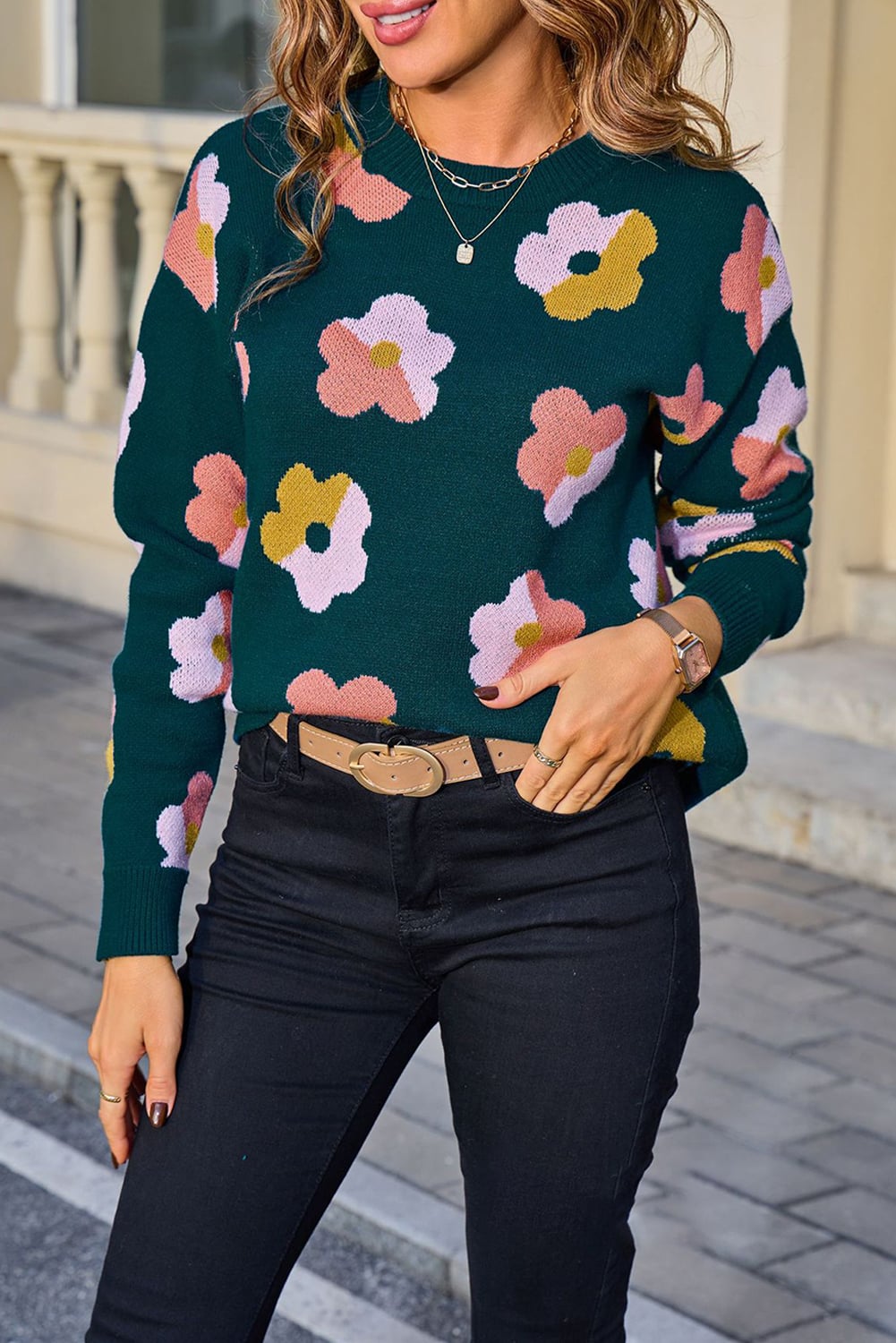 Blue Color Block Flower Cute Pattern Drop Shoulder Bulk Sweater
