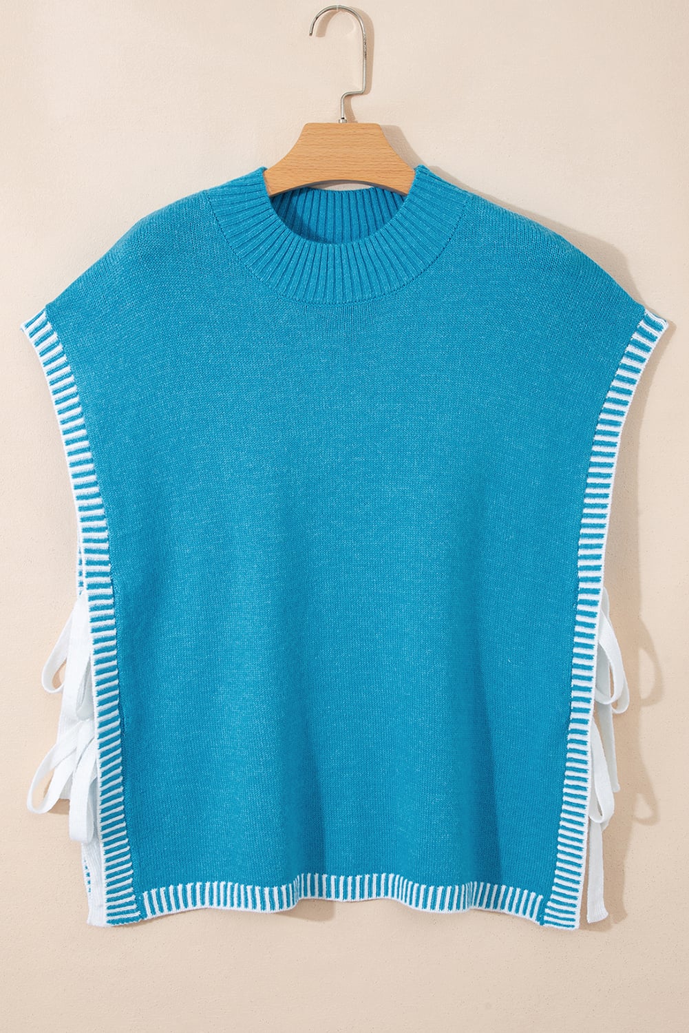 Blue Contrast Stitch Trim Knot Side Mock Neck Sweater Vest
