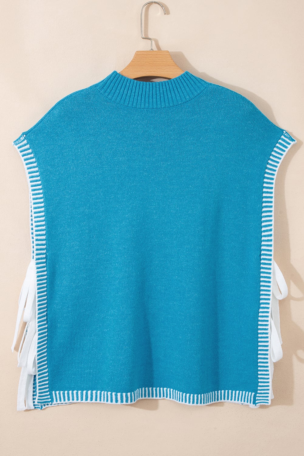 Blue Contrast Stitch Trim Knot Side Mock Neck Sweater Vest