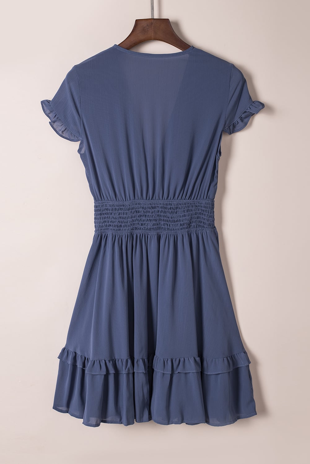 Blue Deep V Neck Self-tie Knotted Front Layered Flare Mini Dress