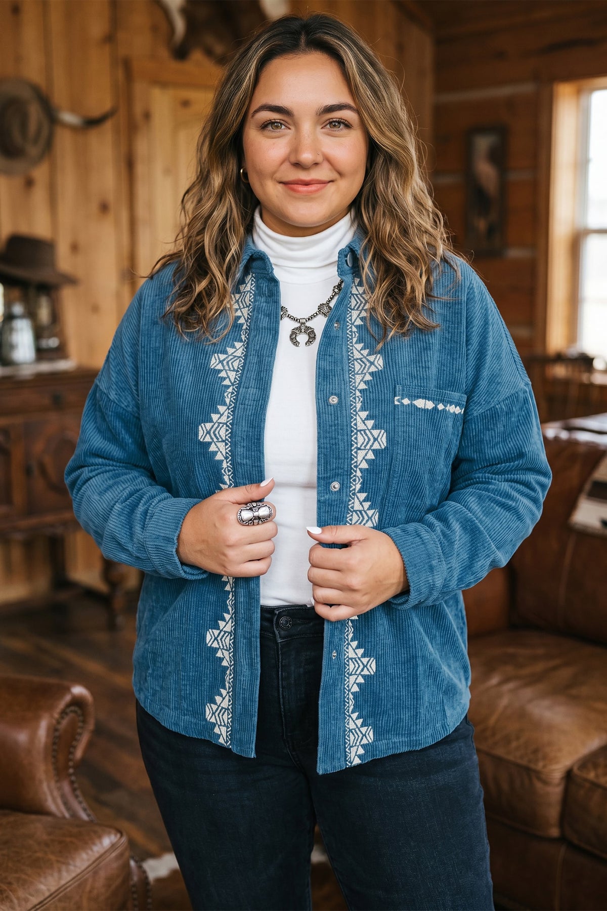Blue Embroidered Corduroy V-Neck Long Sleeve Plus Size Shirt