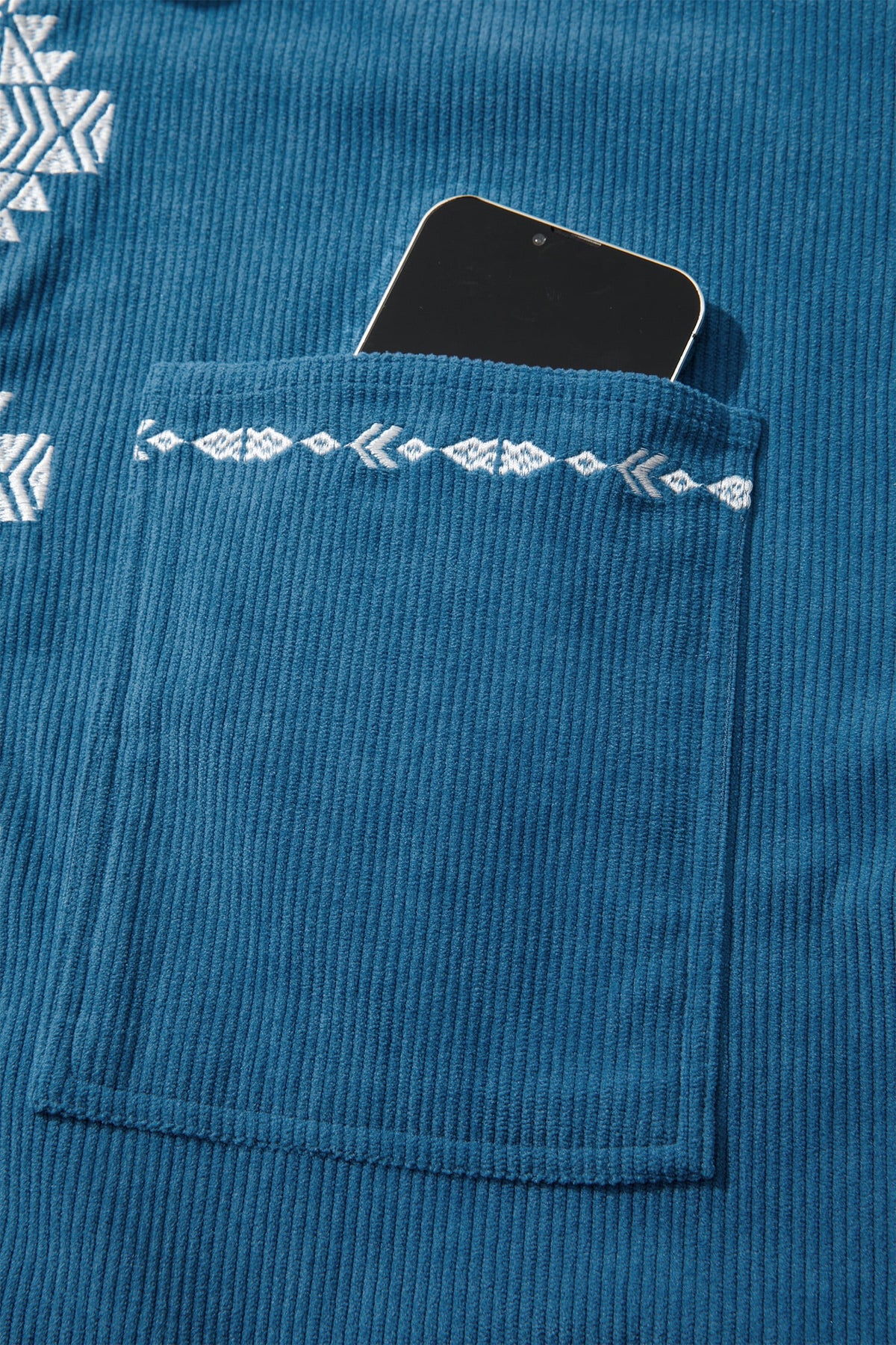 Blue Embroidered Corduroy V-Neck Long Sleeve Plus Size Shirt
