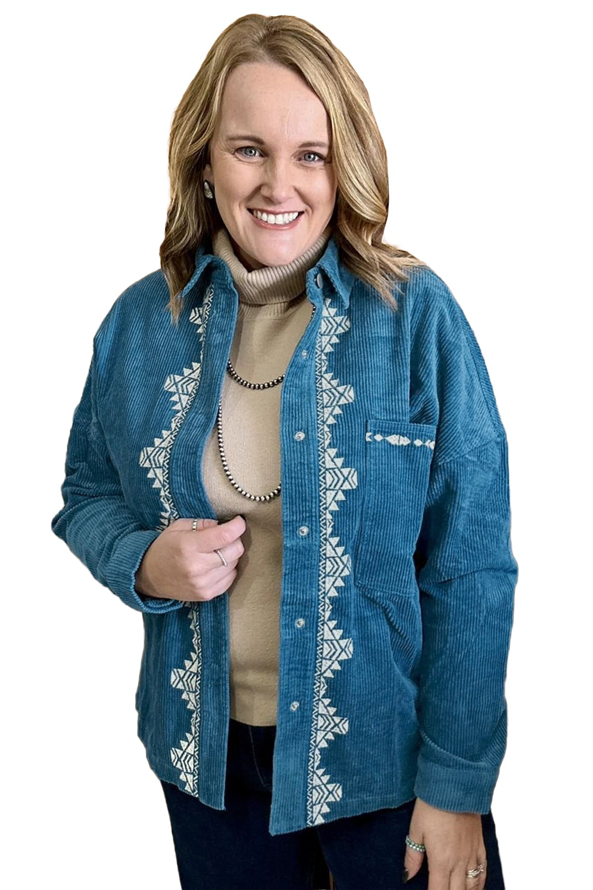 Blue Embroidered Corduroy V-Neck Long Sleeve Plus Size Shirt