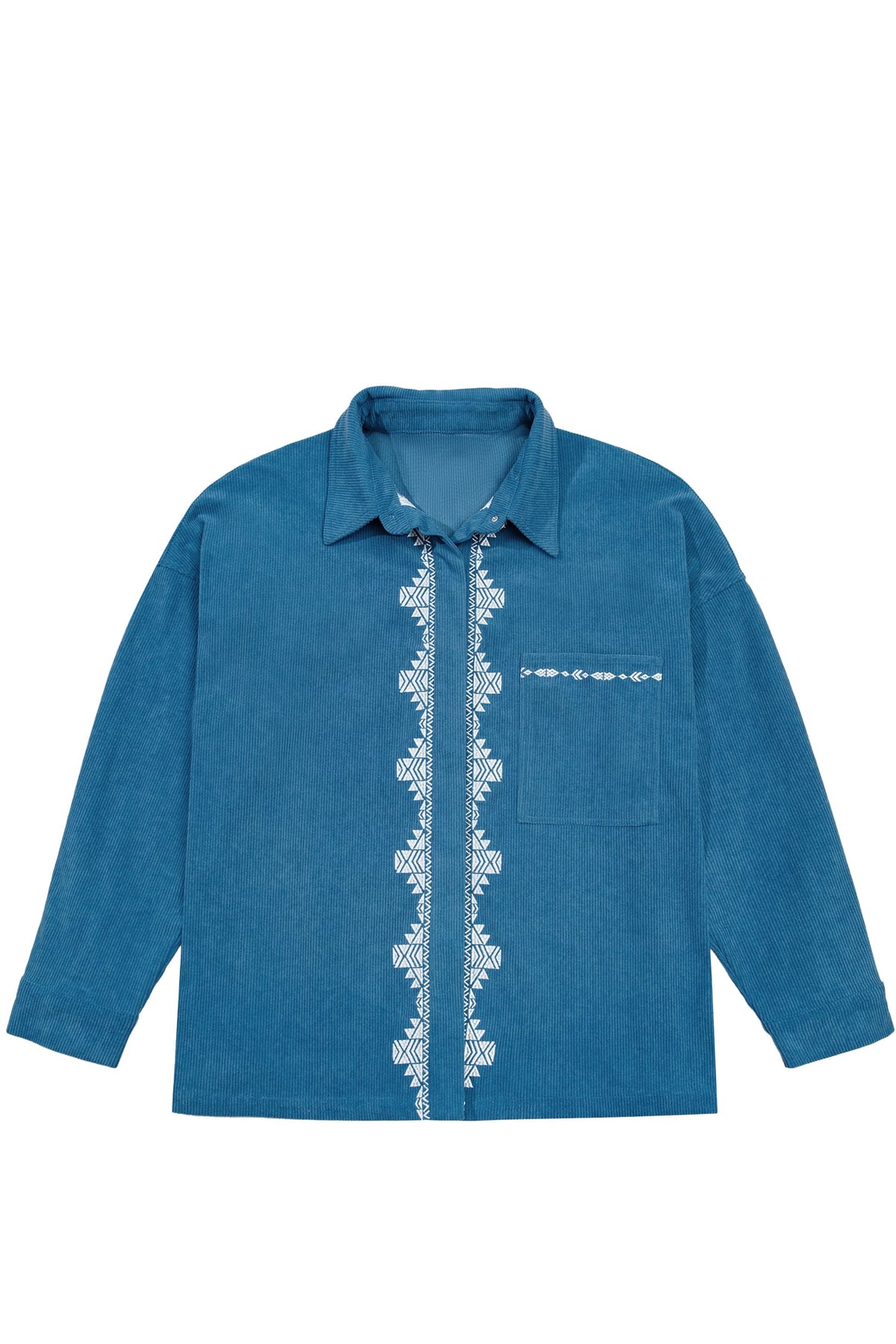 Blue Embroidered Corduroy V-Neck Long Sleeve Plus Size Shirt