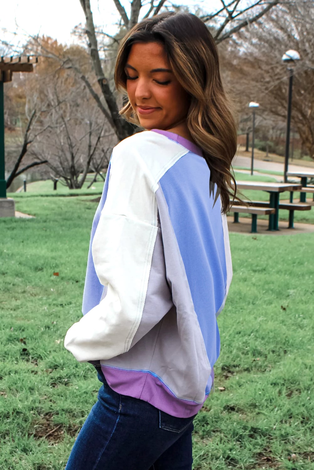 Blue Exposed Seam Colorblock Patchwork Ribbed Trim Pullover Sweatshirt