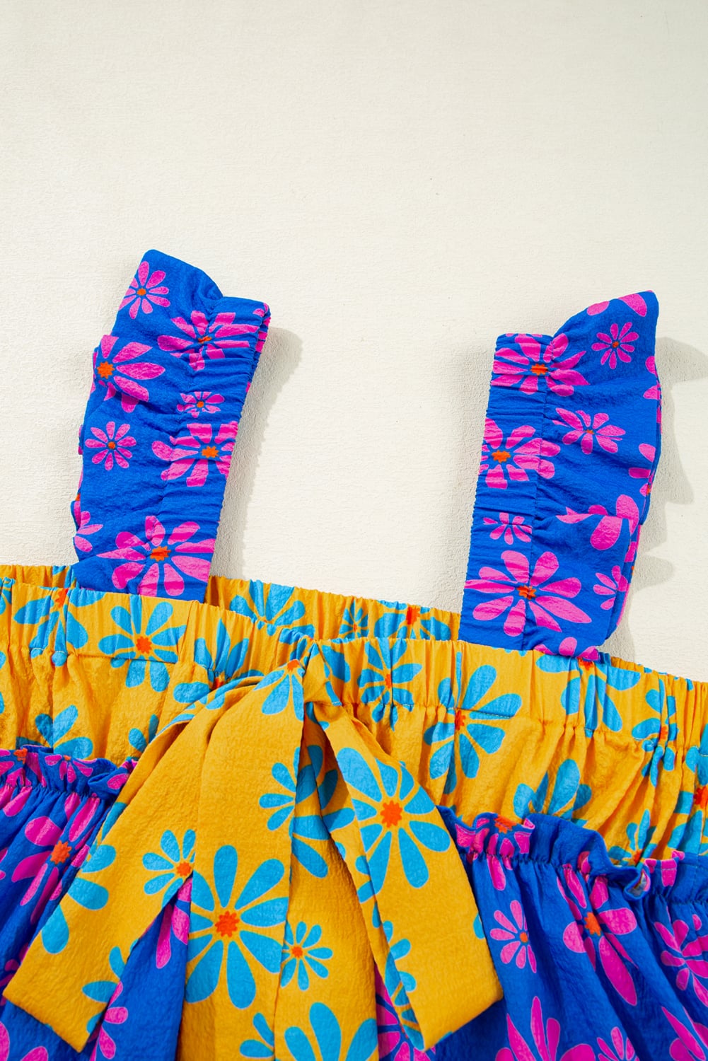 Blue Floral Colorblock Flutter Straps Flowy Tank Top