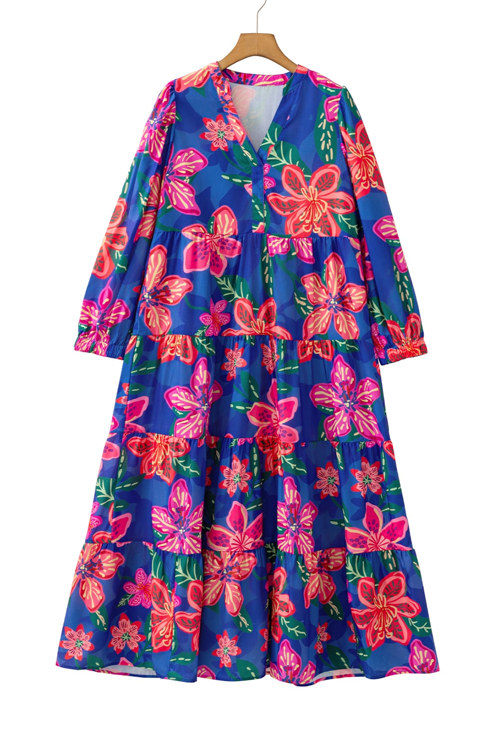 Blue Floral Print 3/4 Sleeve V Neck Tiered Long Dress